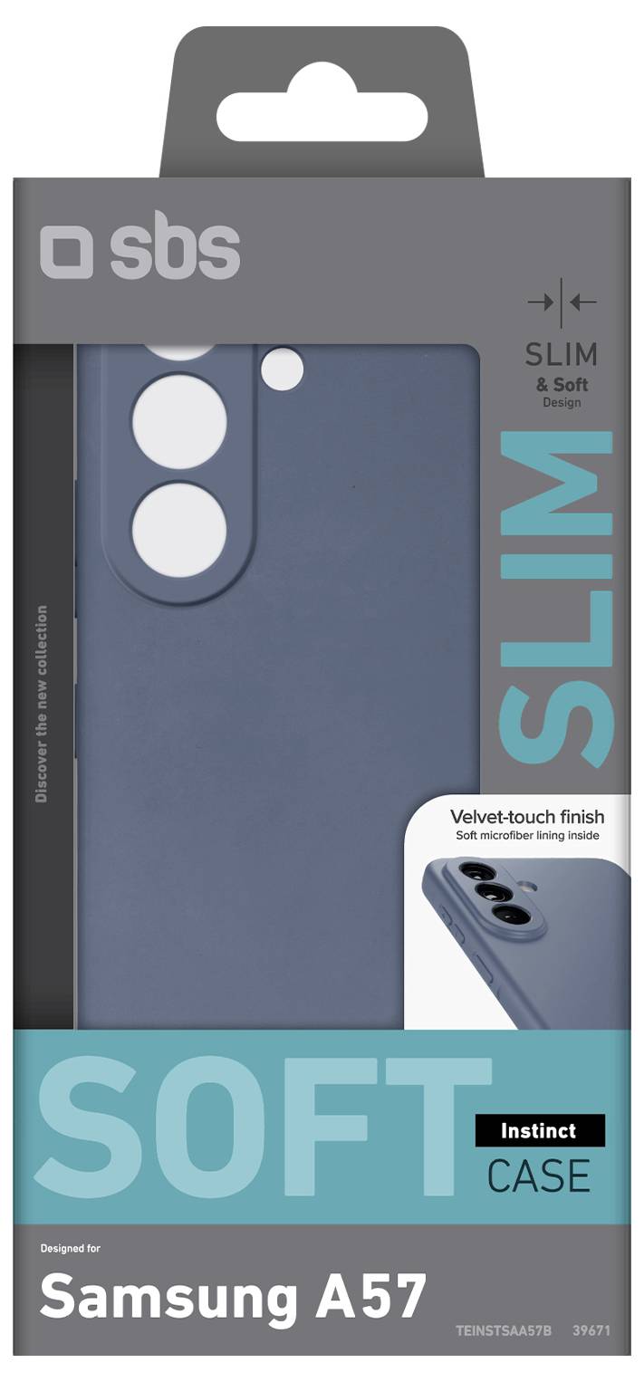 Verpackung für ein SBS schlankes weiches Schutzetui für Samsung A57, blau mit Samtoberfläche, gekennzeichnet mit „SOFT CASE" und „SLIM & Soft".