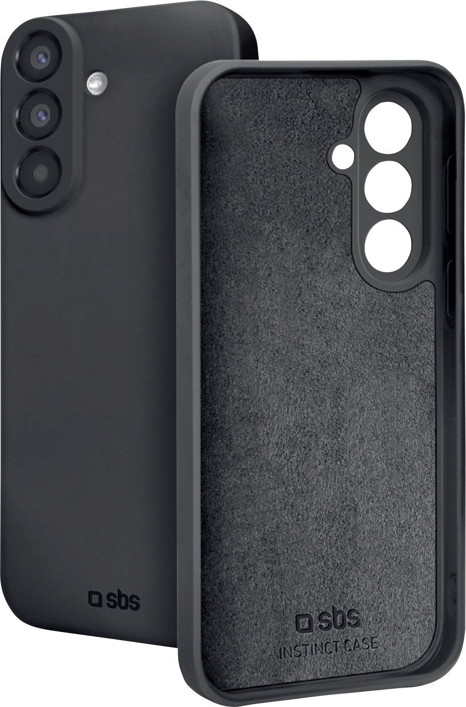 Schwarze Smartphone-Schutzhülle, Vorder- und Rückseite gezeigt, mit dreifacher Kameraaussparung und 'sbs'-Branding, für ein Samsung-ähnliches Telefon.