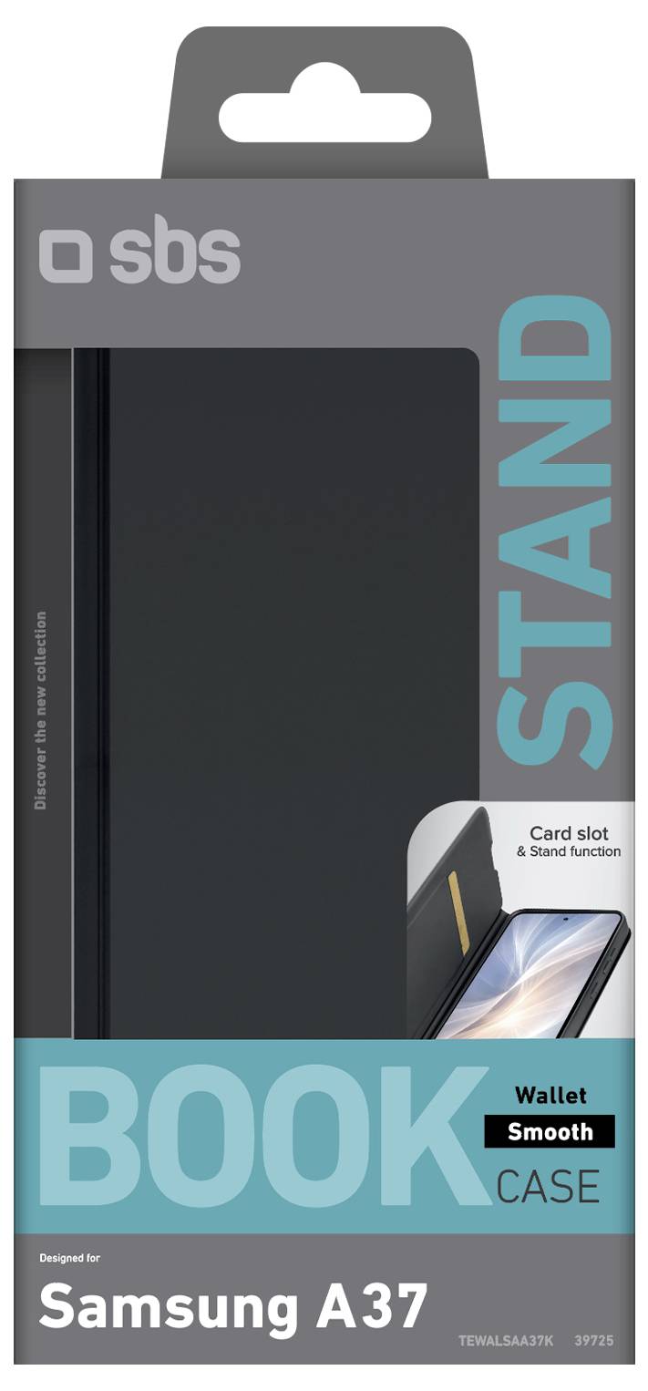 Verpackung für ein SBS 'BOOK CASE' Geldbörsen-Stil Handyschutzhülle mit Kartenfach und Standfunktion, entwickelt für Samsung A37.