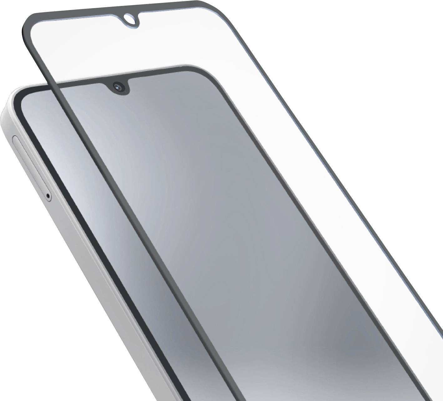 Zwei sich überlappende Smartphone-Displayschutzfolien, eine klar und eine mit dunklem Rahmen, schräg auf weißem Hintergrund angezeigt.