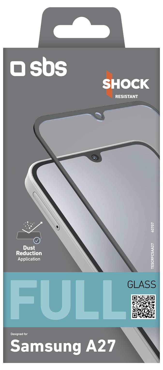 Verpackung für einen "sbs" stoßfesten Vollglasbildschirmschutz für Samsung A27, mit einer Telefonanzeige zur Staubabbau-Anwendung und QR-Code.