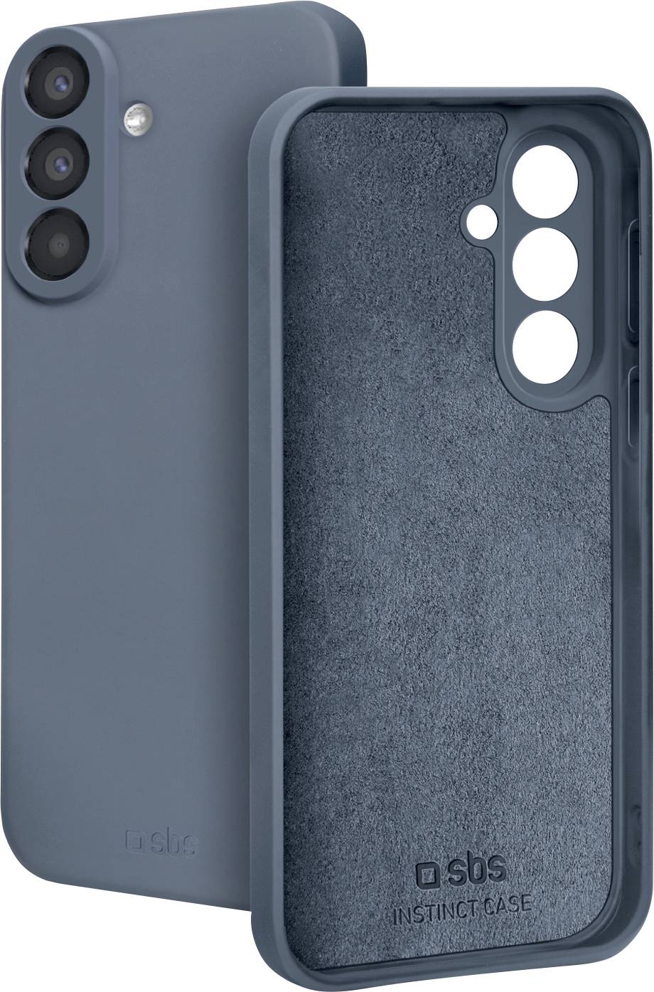 Blaue Smartphone-Schutzhülle, vorne und hinten gezeigt, mit erhöhten Kameraausschnitten und strukturiertem Inneren, beschriftet mit „SBS Instinct Case".