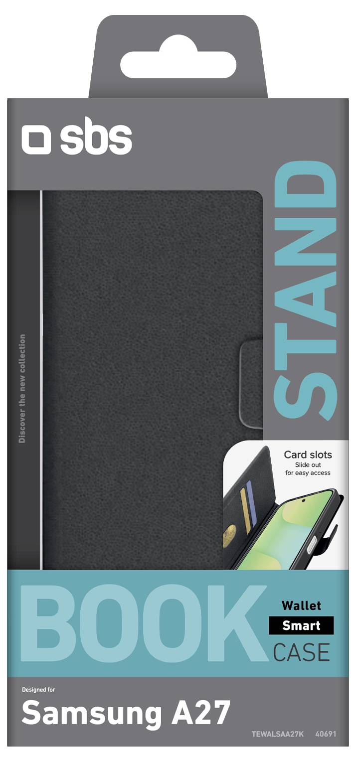 Verpackung für ein SBS-Buchstil-Portemonnaie-Etui für Samsung A27 mit hervorgehobenen Kartensteckplätzen und Standfunktion.