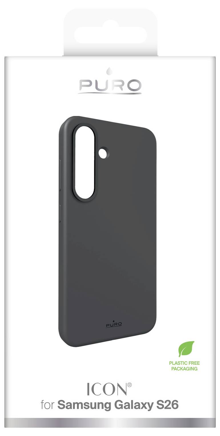 Produktverpackung für ein Puro 'ICON MAG' rosa Handyhülle, gekennzeichnet für Samsung Galaxy S26+, funktioniert mit magnetischem Laden und plastikfreier Verpackung.
