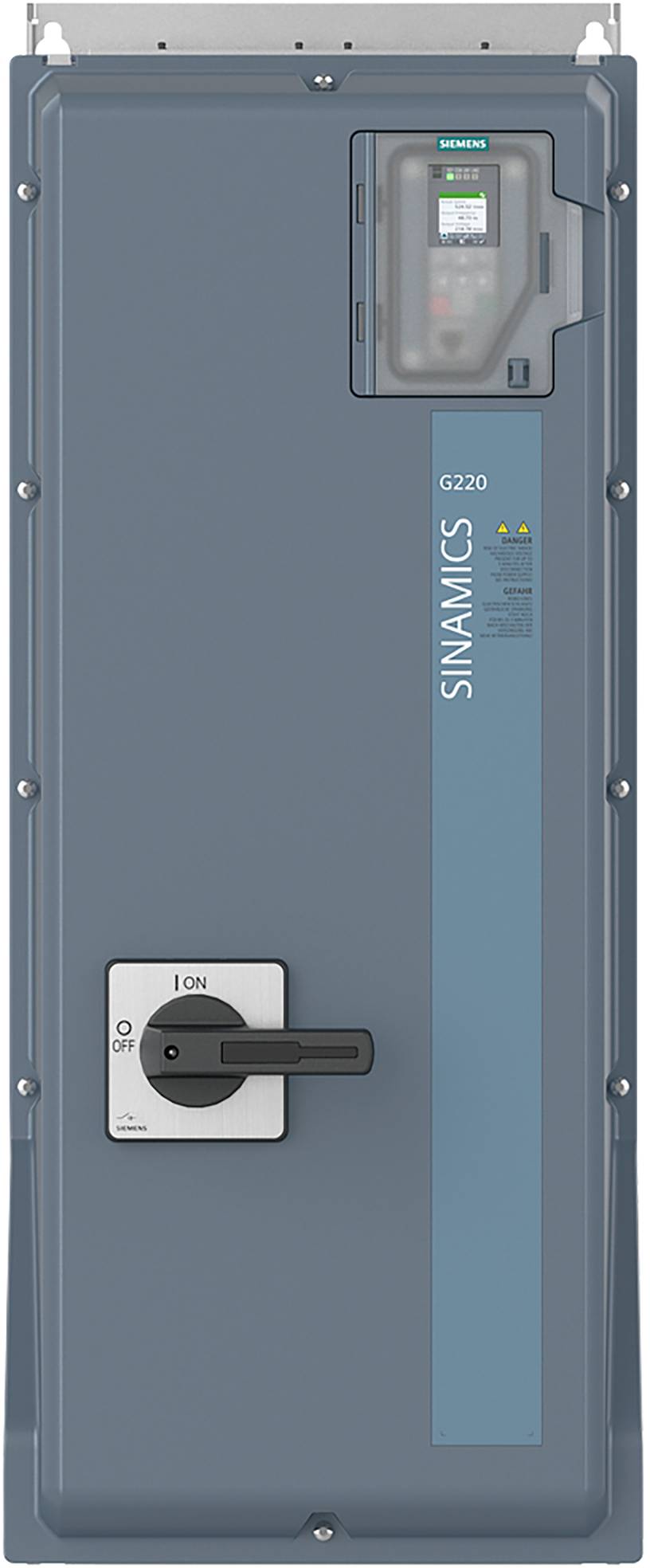 Vorderansicht eines Siemens SINAMICS G220 Industrie-Antriebsschranks mit Touchdisplay und Drehschalter für die Stromversorgung.
