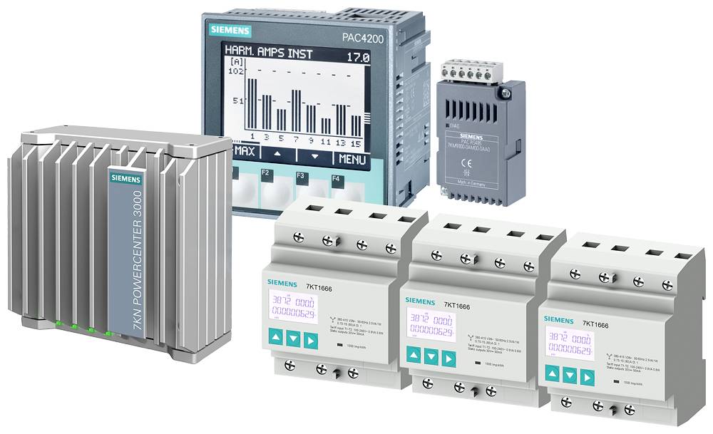 Siemens-Stromüberwachungsgeräte und Messgeräte, einschließlich eines PAC4200-Displays mit Balkendiagramm und mehreren Schaltmodulen, dargestellt als Produktlinie.