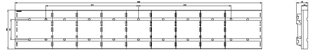 Technische Zeichnung eines langen rechteckigen mechanischen Teils, dargestellt in Front- und Seitenansicht mit markierten Abmessungen und Positionen von Bohrungen und Nuten.