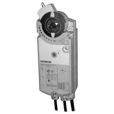 Siemens HLK-Stellgerät, frontal dargestellt, mit Drehregler, Befestigungsplatte und drei angeschlossenen Kabeln.