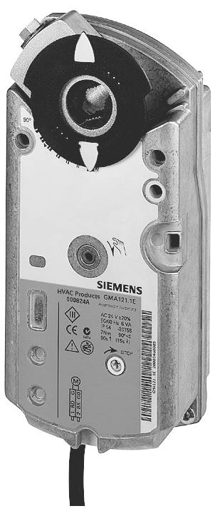 Schwarz-Weiß-Foto eines Siemens-HLK-Stellantriebs mit einer kreisförmigen Skala, einer Montageklammer und einem Etikett auf der Vorderseite.