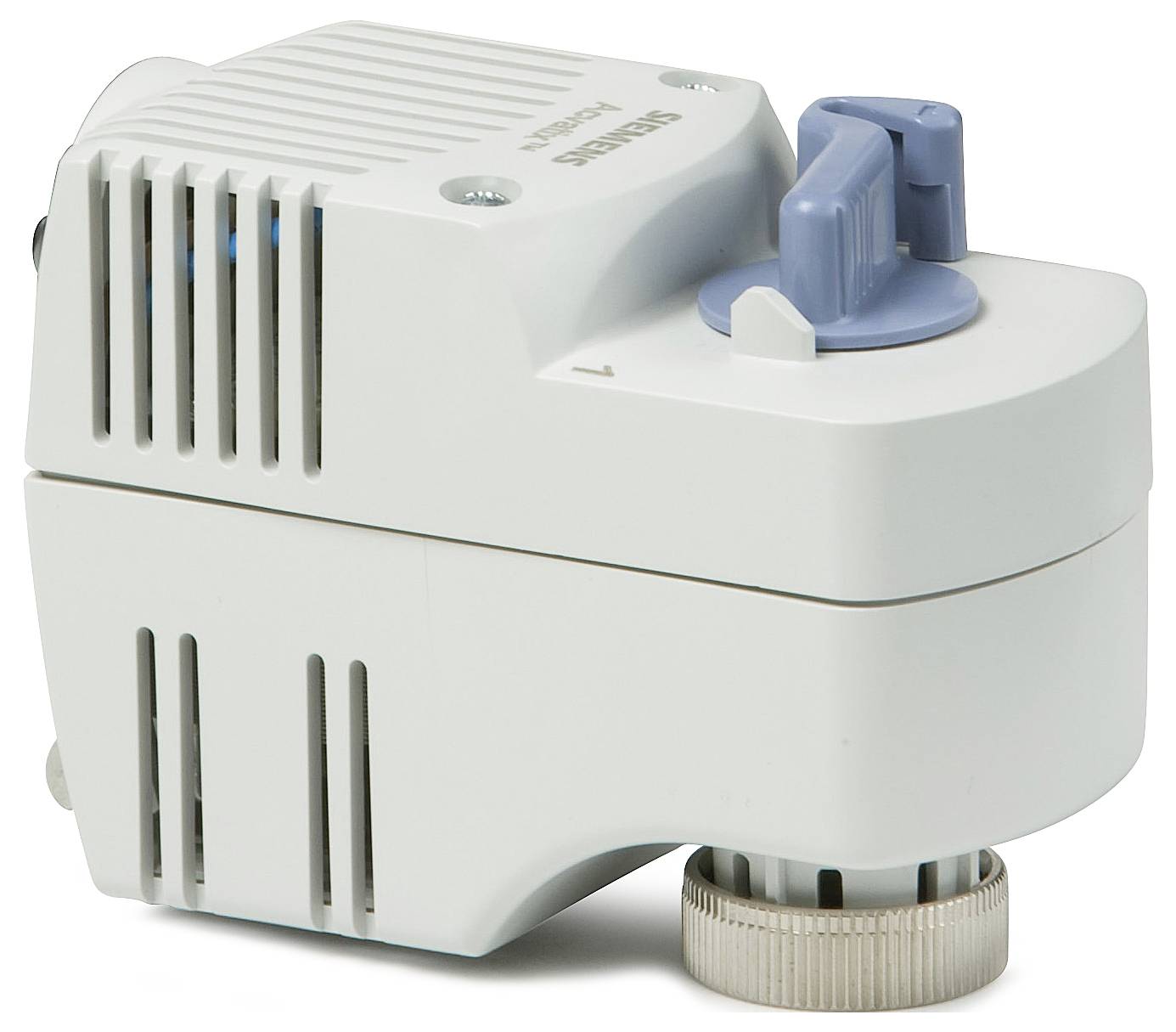 Industrie-HVAC-Stellantrieb oder Ventilantriebseinheit mit blauem Oberteil und weißem Gehäuse, dargestellt in isolierter Produktansicht.
