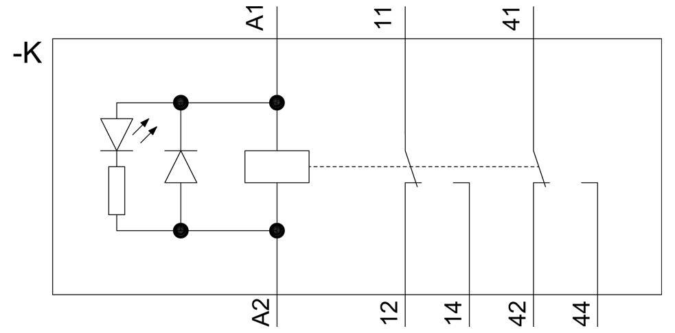 Relaisschaltplan mit Spulenklemmen A1 und A2, einer LED und einer Diode sowie zwei normalerweise offenen Kontakten mit den Bezeichnungen 11-14 und 41-44.