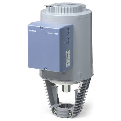 Ein elektrischer Ventilstellantrieb Siemens Acvatix SKB62 mit blauem Steuergehäuse und grauem zylindrischem Körper, dargestellt auf weißem Hintergrund.