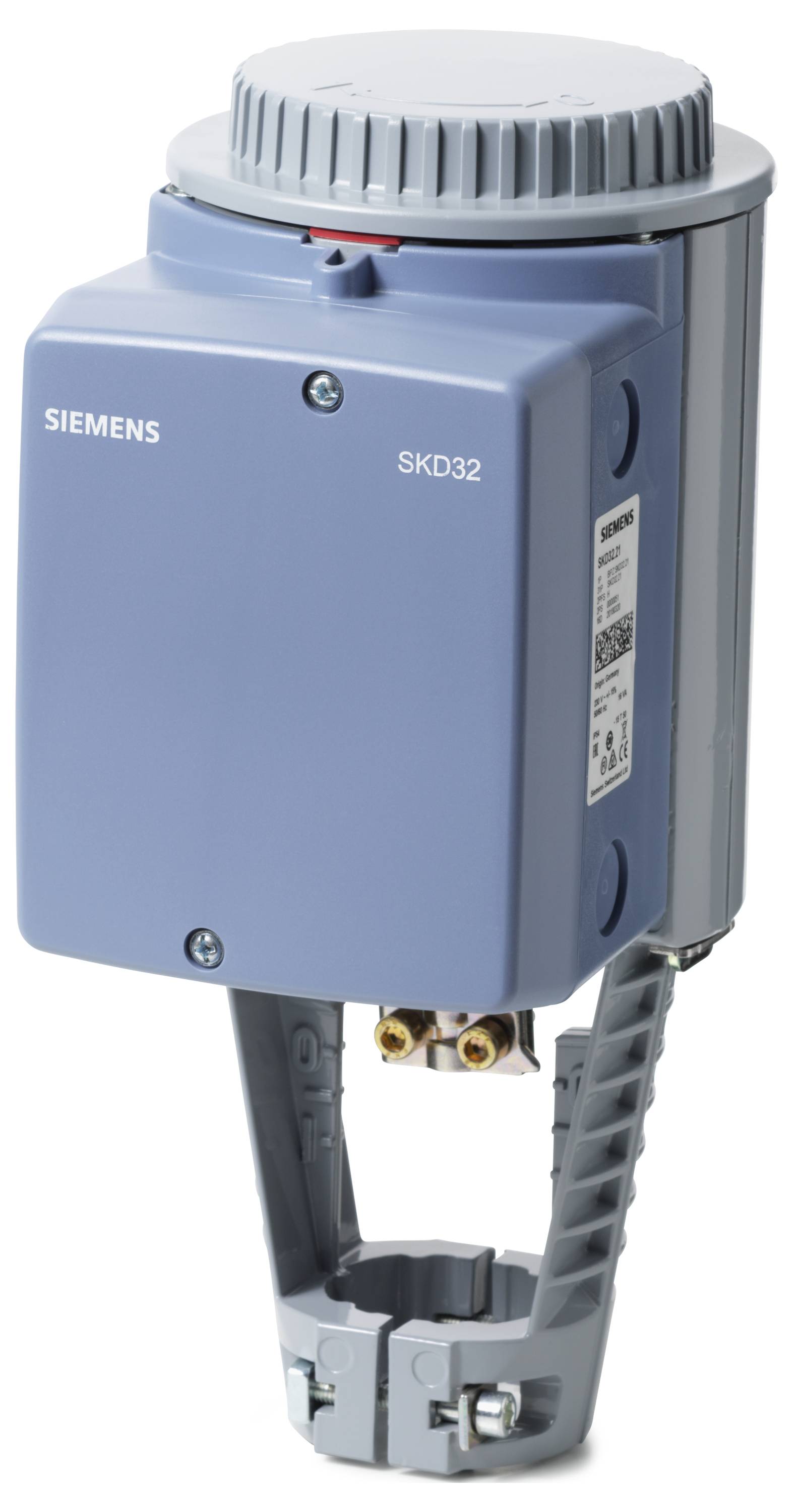 Siemens SKD32 motorisierter Ventilantrieb mit blauem Gehäuse, grauem Zifferblatt oben und Schellen-Befestigungshalterung.