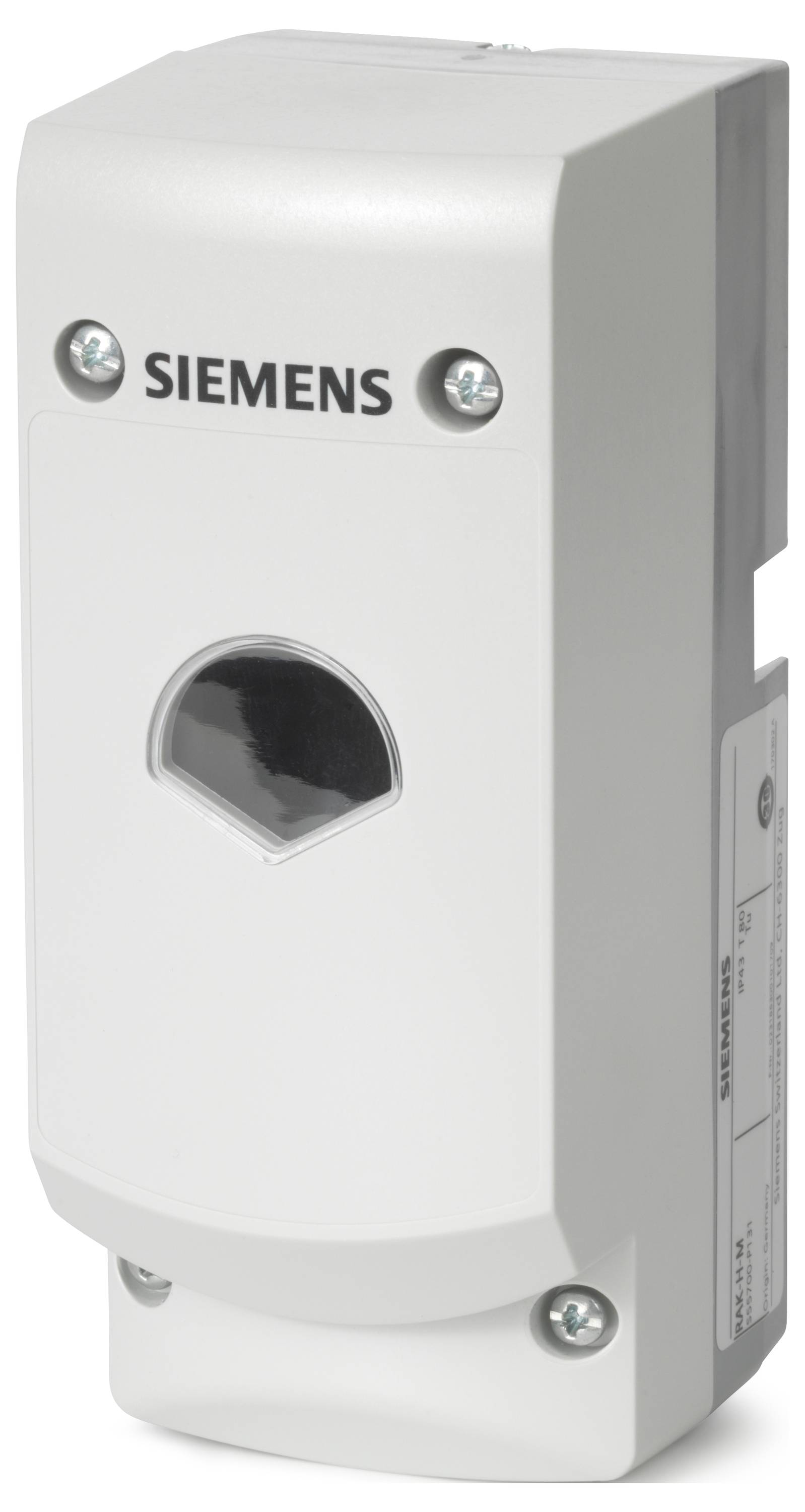 Siemens wandmontiertes Elektrogerät mit Anzeigelampen und einer vorderen Öffnung, dargestellt in einem produktgestalteten Foto.