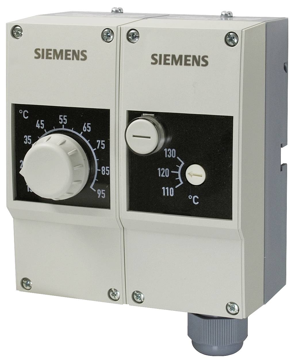 Zwei Siemens-Thermostat-Steuergeräte mit Drehtemperaturreglern und °C-Markierungen, dargestellt in einem beigen wandmontierten Gehäuse.