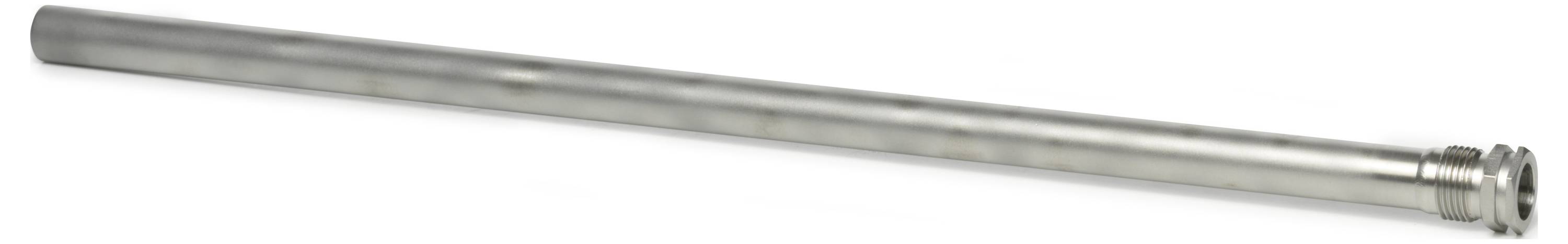 Ein Edelstahlstab mit gewindedem Ende, horizontal auf weißem Hintergrund dargestellt.