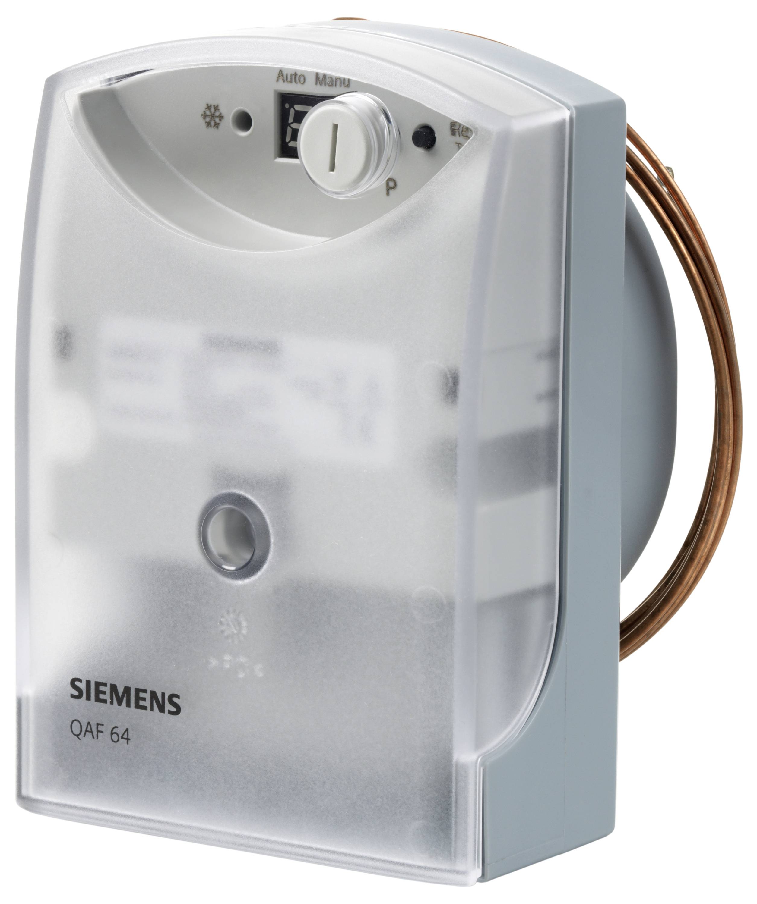 Siemens QAF 64 HVAC-Regler mit durchsichtigem Deckel, Moduswahlschalter und sichtbarer Kupferverdrahtung auf der rechten Seite.