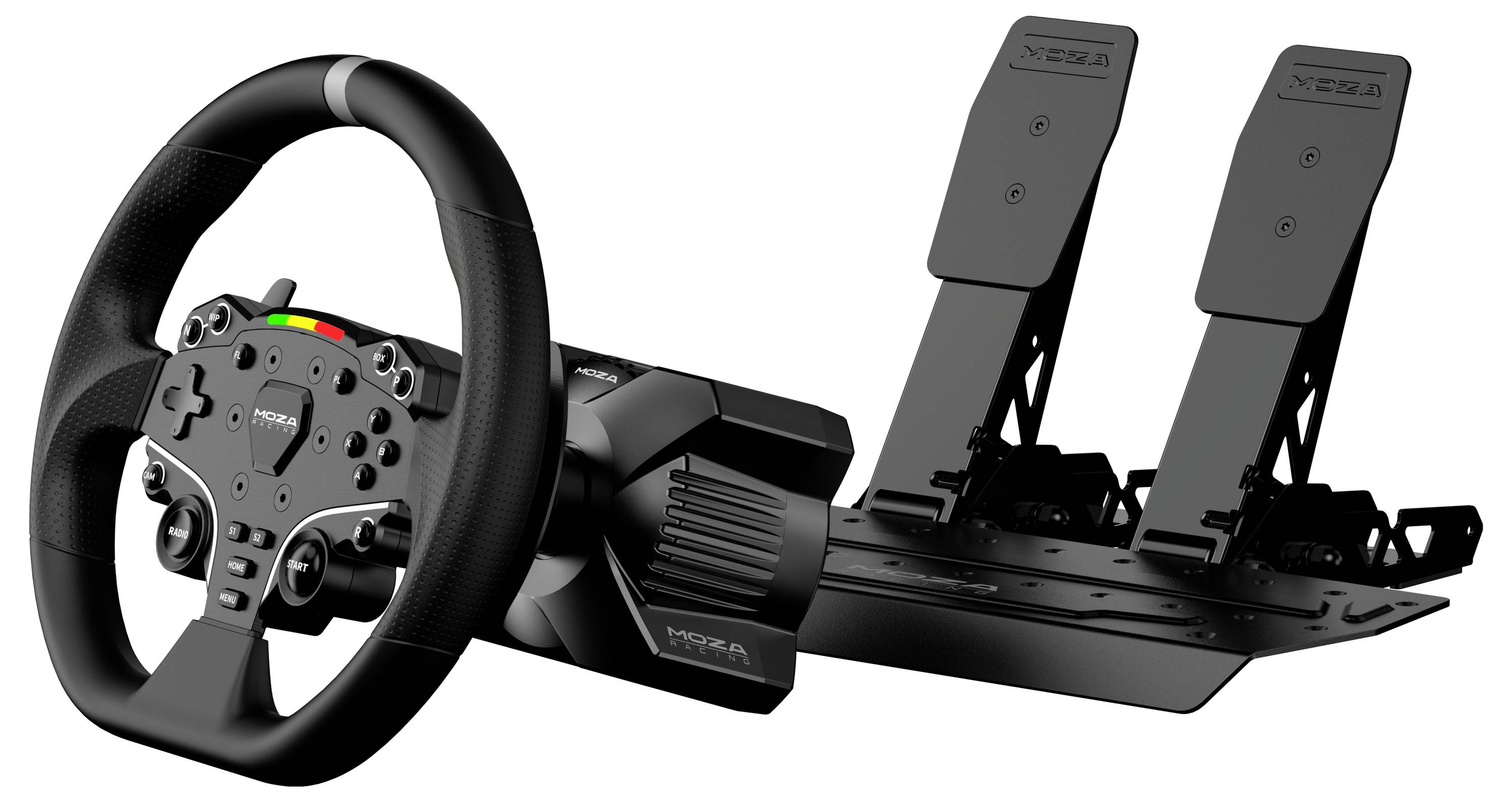 Schwarzes Renn-Lenkrad und duales Pedalsatz für einen Gaming- oder Fahrsimulator, gezeigt auf weißem Hintergrund.