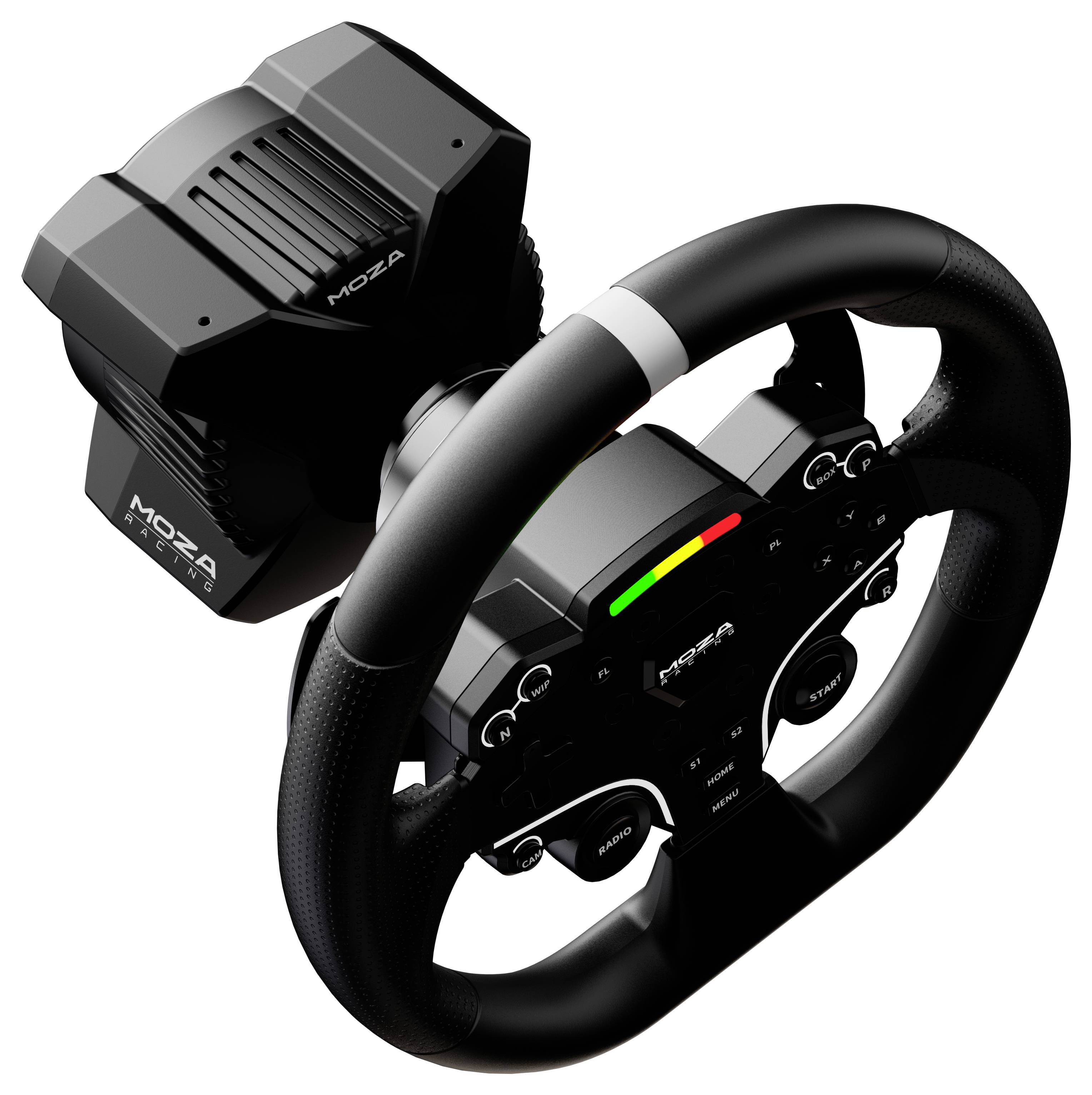 MOZA Racing Lenkrad und Fahrbasis, ein schwarzes Simulations-Fahrsetup mit Shift-Light-LEDs und montierten Bedienelementen.