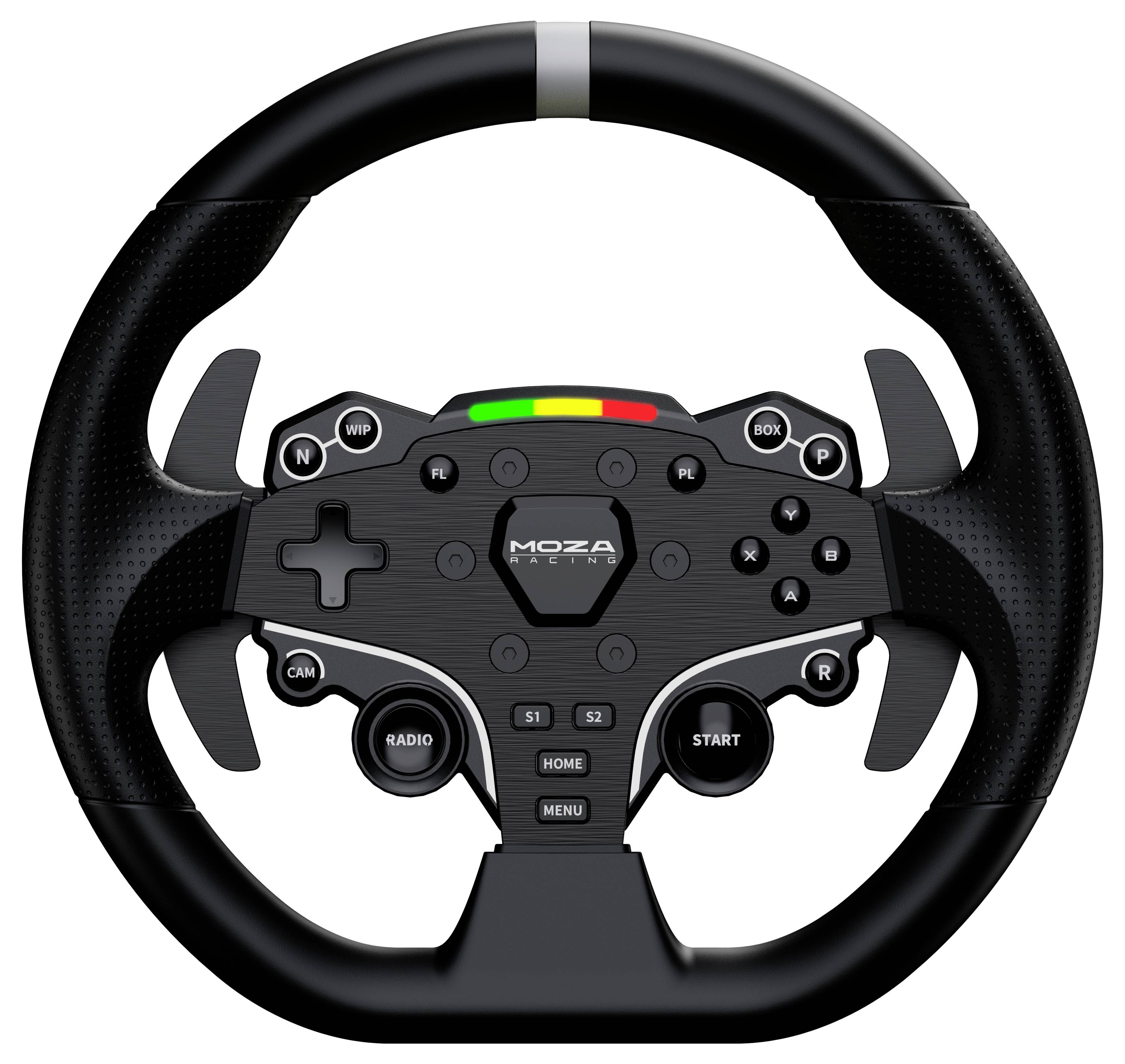MOZA Rennlenkrad mit mehreren Tasten, Drehreglern und einem farbigen Schaltlichtstreifen oben