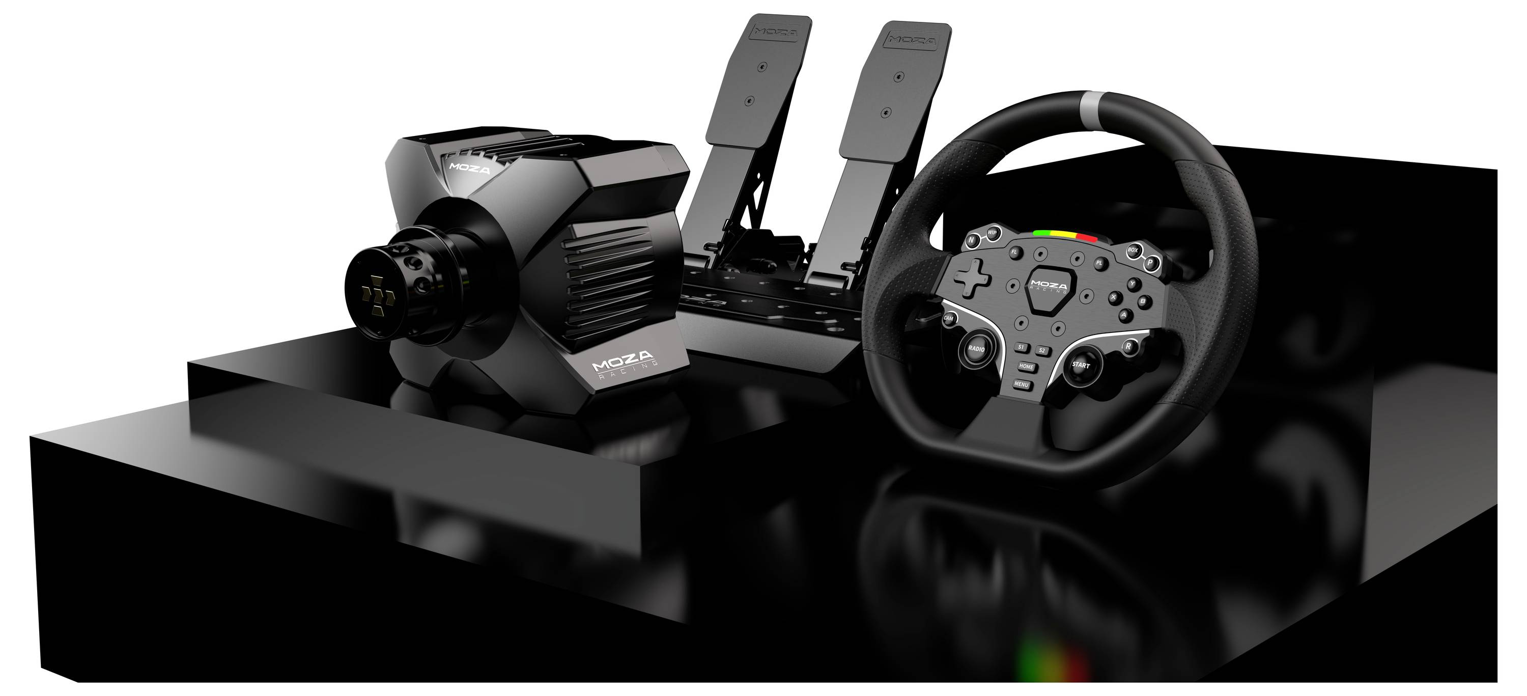 Gaming-Lenkrad-Rennsimulatoren-Set mit Lenkrad, Pedalen und Schaltung auf einem schwarzen Displayständer