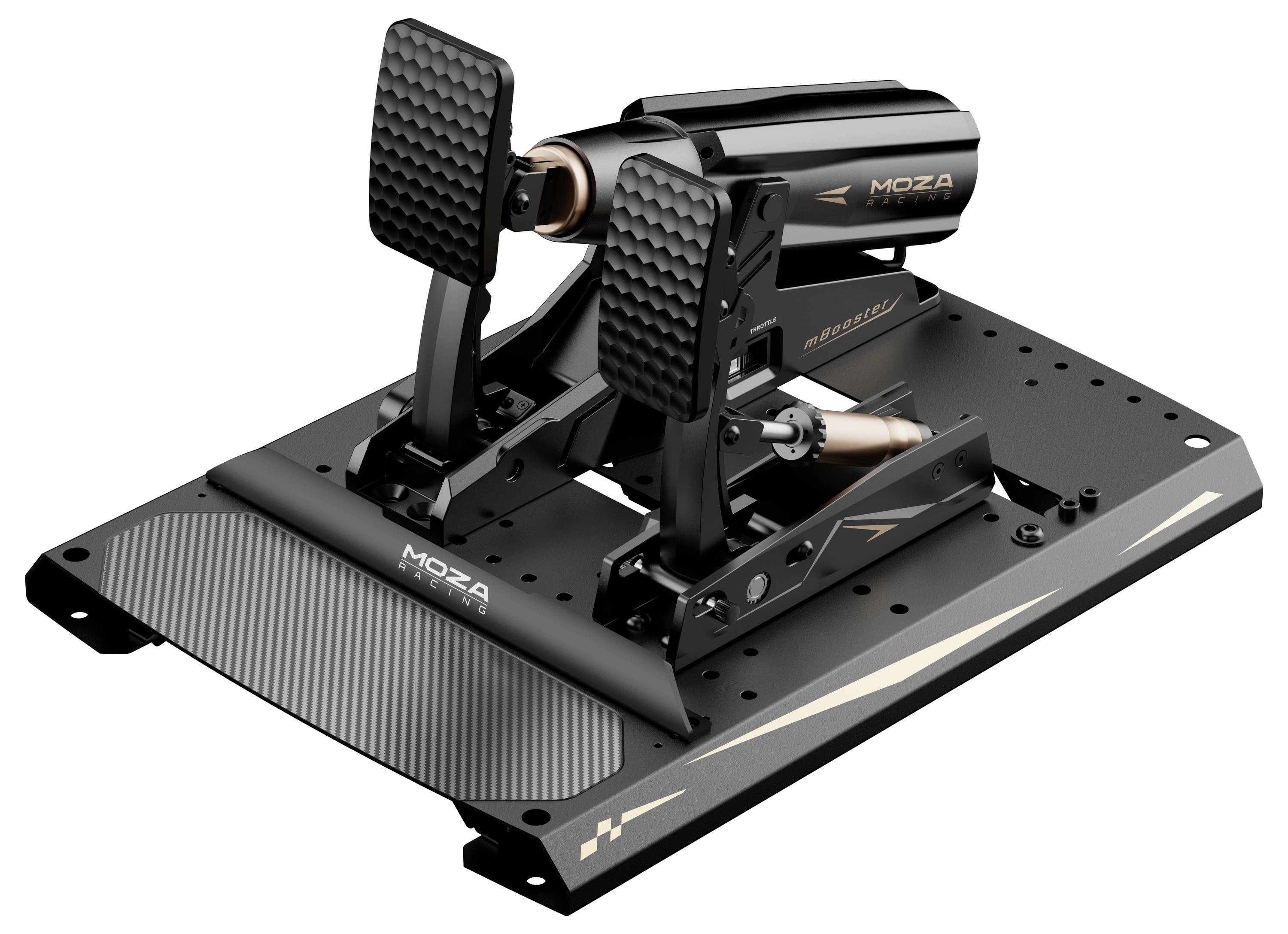 Schwarzes MOZA Racing-Pedalsatz mit Gas- und Bremspedalen, die auf einer Grundplatte montiert sind, in einer produktstilisierten Ansicht dargestellt.