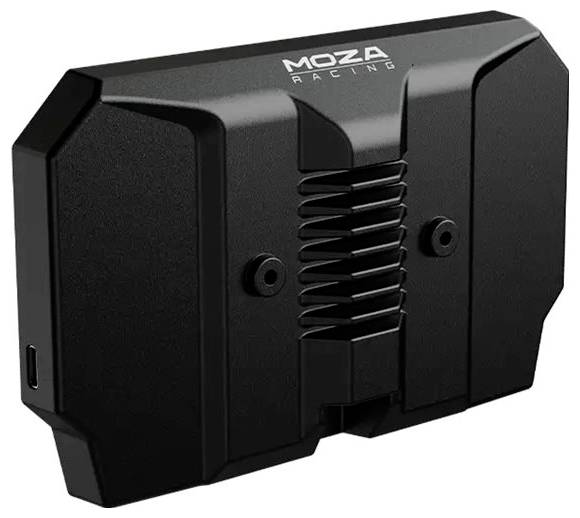 Schwarzes MOZA Racing-Gerät mit belüftetem Mittelpanel und seitlichen Befestigungslöchern, dargestellt vor weißem Hintergrund.