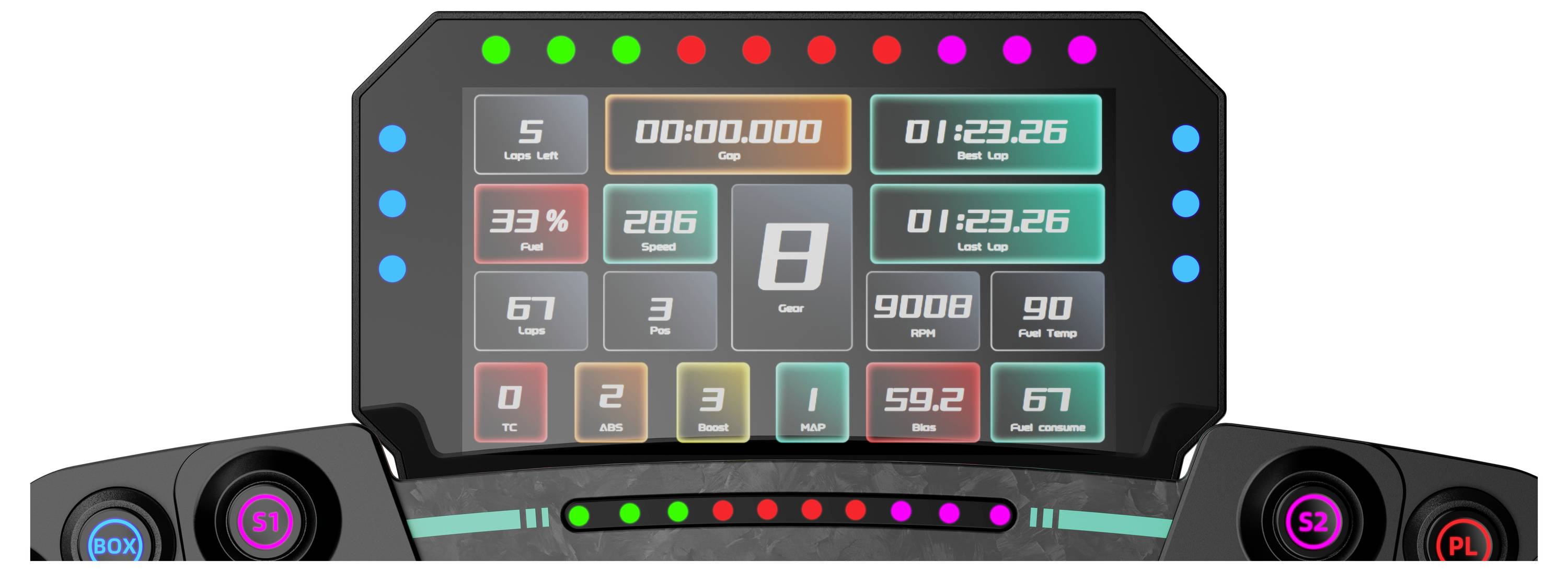 Digitales Rennspiel-Dashboard mit Rundenzeit, Geschwindigkeit, Gang und Positionsdaten auf einem Fahrzeuginstrumententräger mit farbigen Anzeigelampen.
