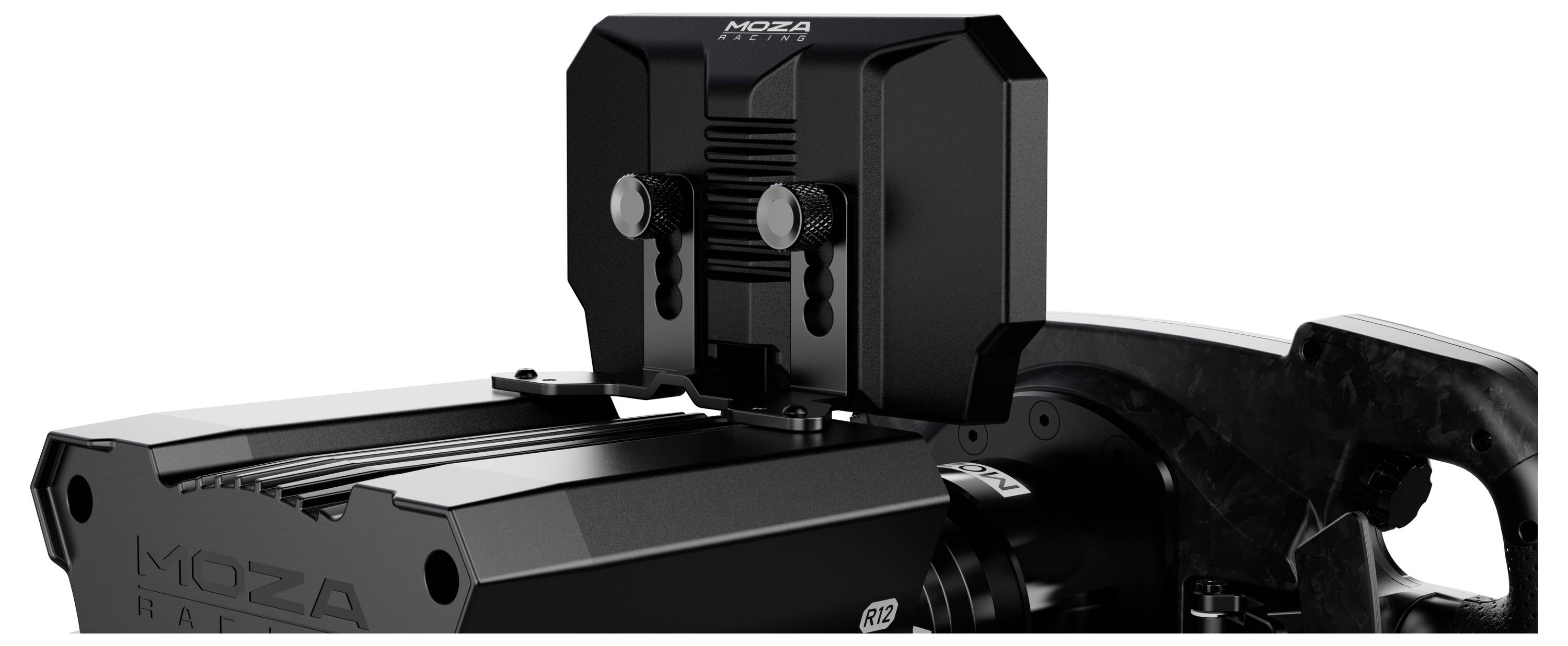 Schwarze mechanische Klemmvorrichtung mit zwei verstellbaren Seitenknöpfen auf einer eleganten Metallbasis, gezeigt in einer produktstylisierten Nahaufnahme.