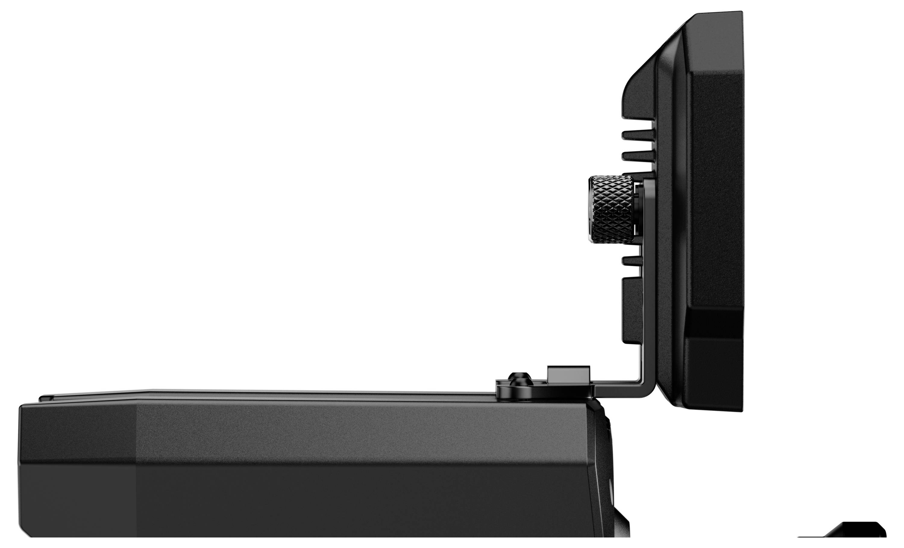 Seitenansicht einer schwarzen verstellbaren Monitorhalterung oder Bildschirmhalterung, die mit einer rechteckigen Basis auf weißem Hintergrund verbunden ist.