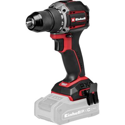 Schnurloses Einhell Power X-Change Bohrschrauber aufrecht auf weißem Hintergrund gezeigt, schwarz und rot mit sichtbarem Batteriefuß.