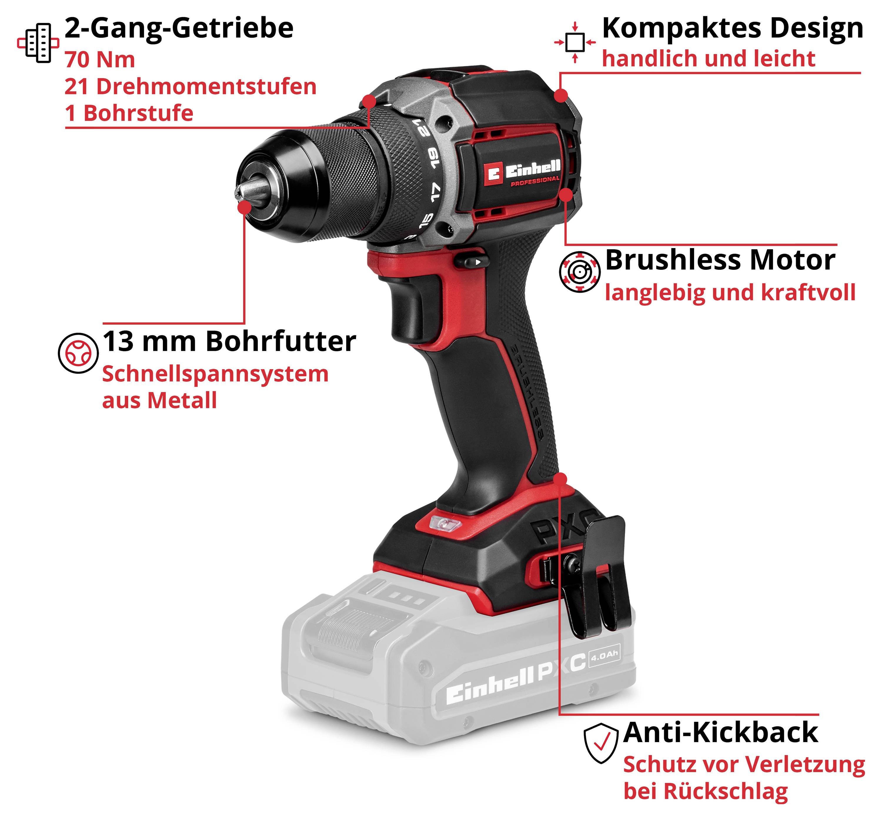 Akkubohrschrauber mit Labels: 2-Gang-Getriebe, 13 mm Bohrfutter, Brushless Motor, kompaktes Design und Anti-Kickback-Schutz.