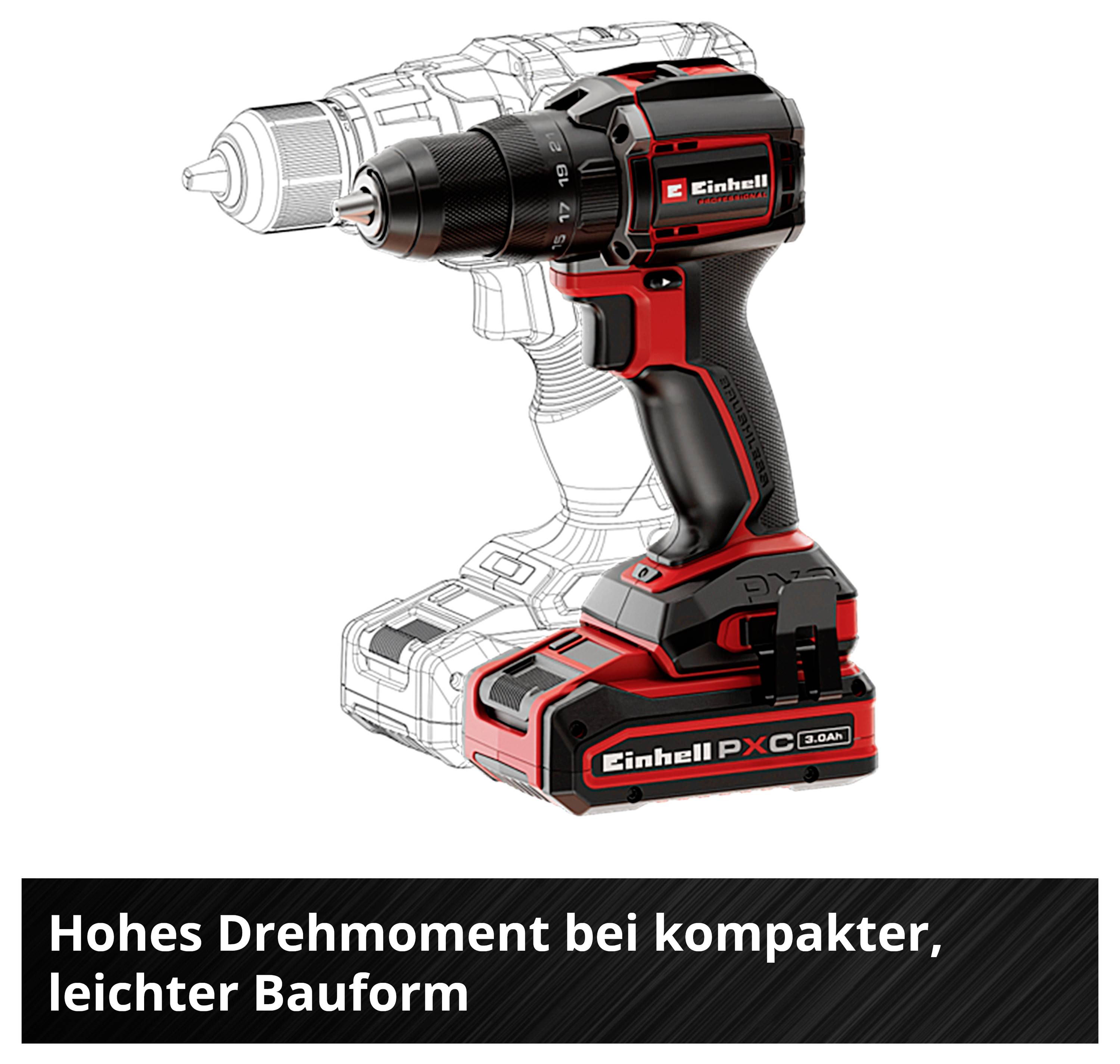 Akkuschrauber von Einhell in Rot-Schwarz; daneben der Slogan: 'Hohes Drehmoment bei kompakter, leichter Bauform'
