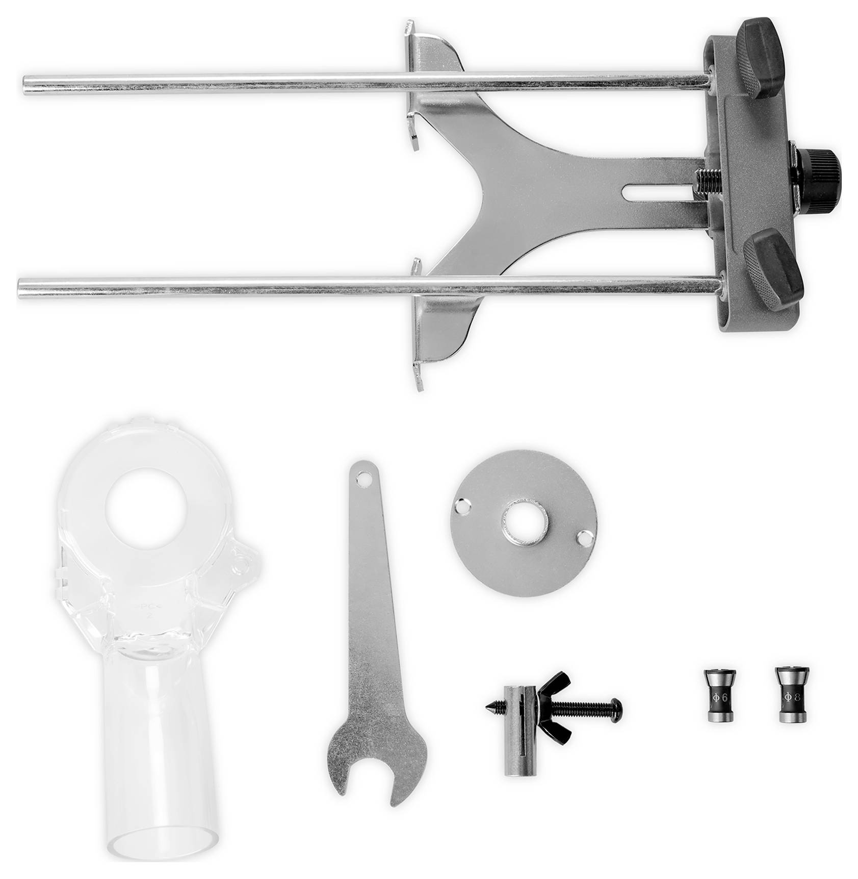Satz von Laborglasgerätewerkzeugen-Klemmmontageteilen: Metallhalter mit Stangen, Kunststoffadapter, Schraubenschlüssel, Schraubenklemme und zwei kleine Verbinder auf weißem Hintergrund.