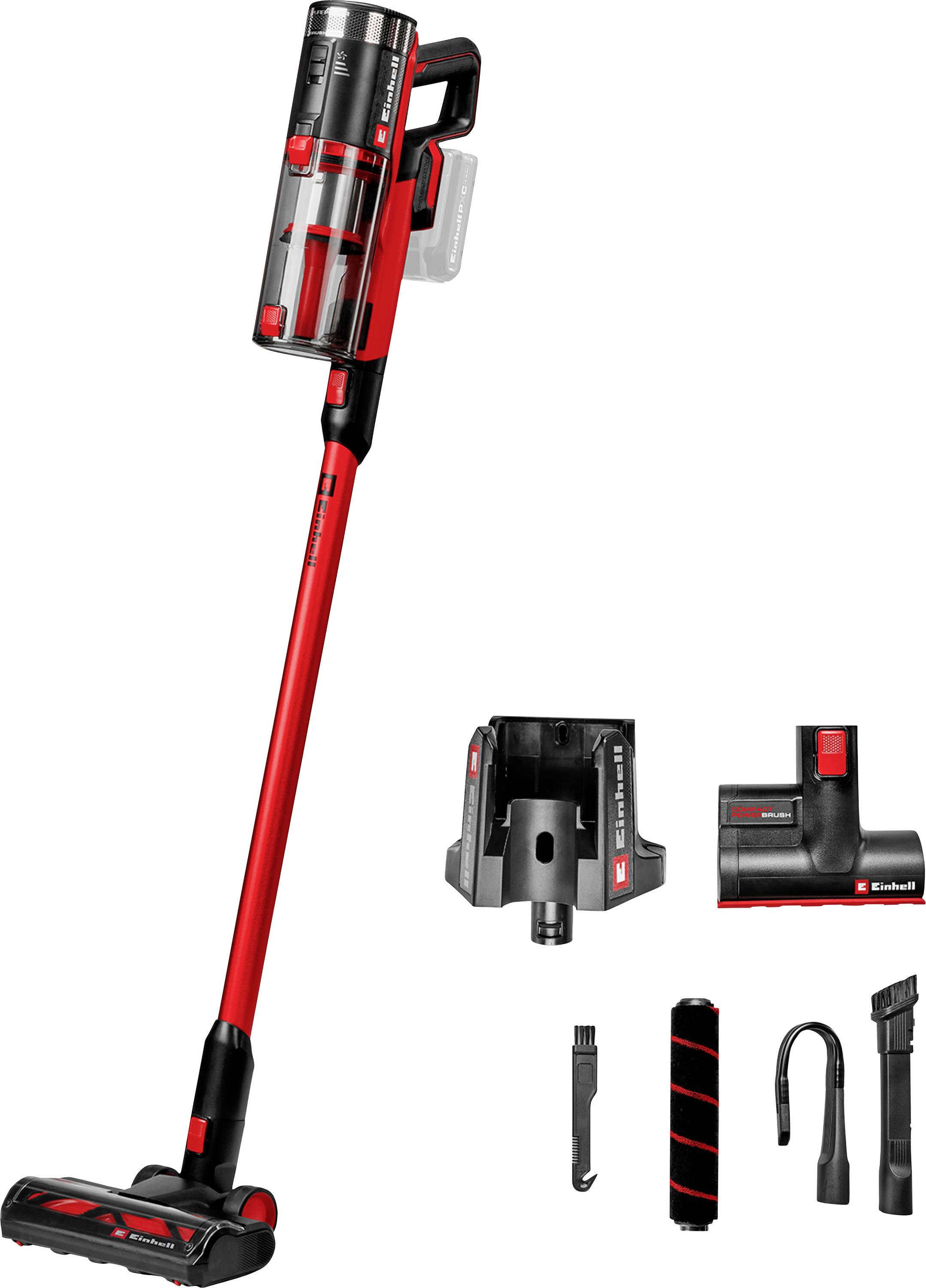 Kabelloses Stabstaubsauger mit rot-schwarzem Design, gezeigt mit Bodendüse, Ladegerät und Zubehörbürsten auf weißem Hintergrund.