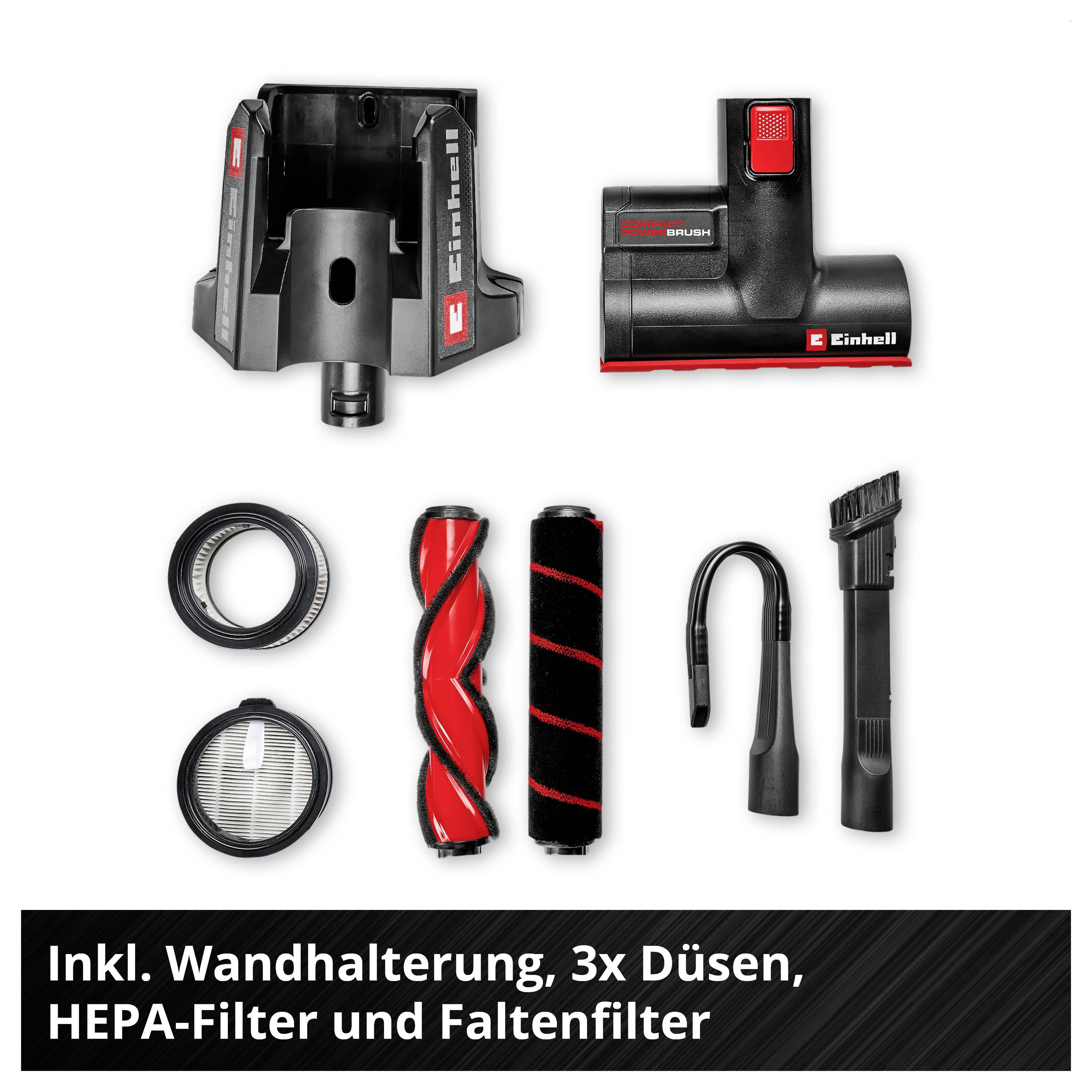 Set für Akku-Handstaubsauger mit Wandhalterung, drei Düsen sowie HEPA- und Faltenfilter; zeigt Geräteteile und Zubehör auf weißem Hintergrund.