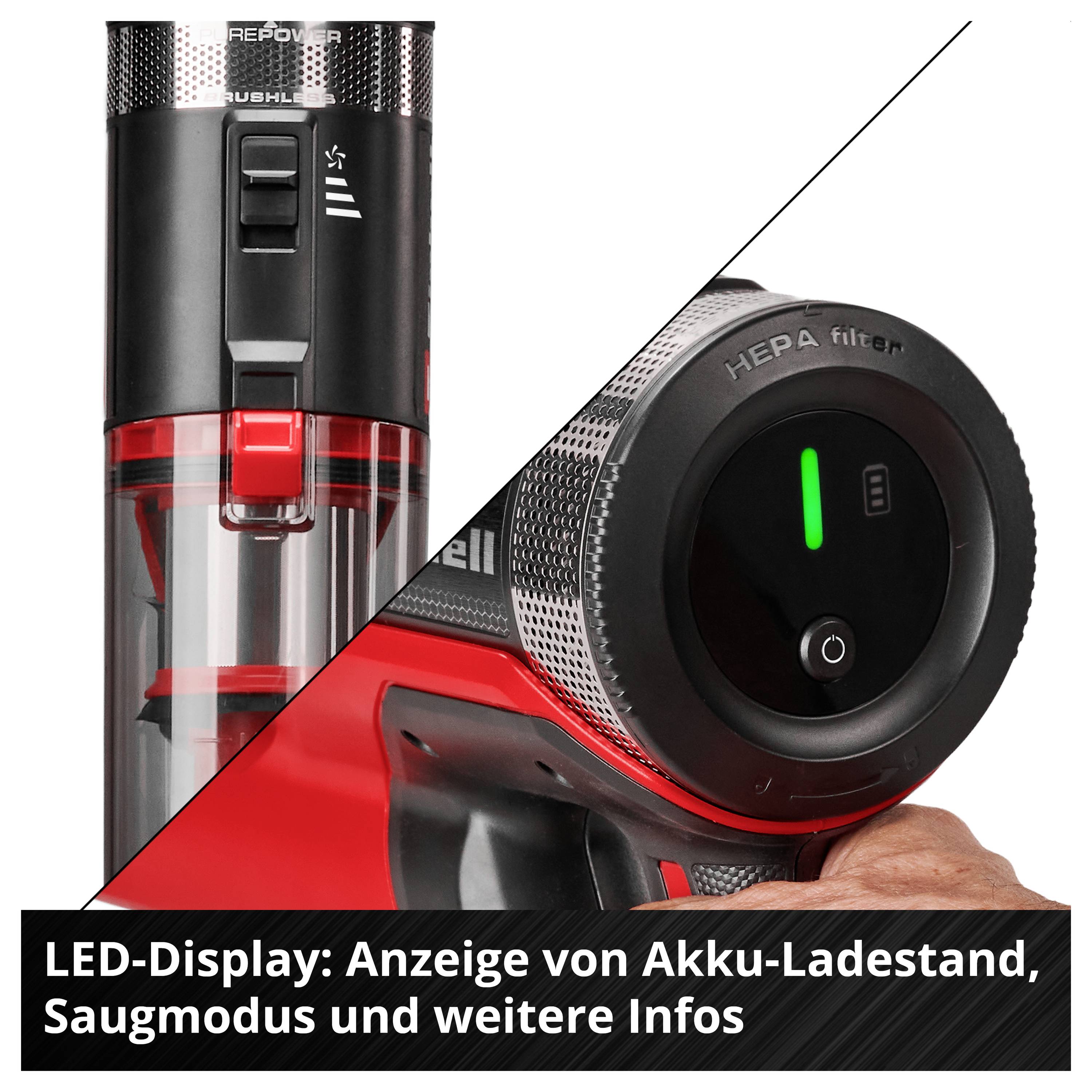 Akkustaubsauger mit LED-Display; zeigt Akku-Ladestand, Saugmodus und weitere Statusinfos.<br>