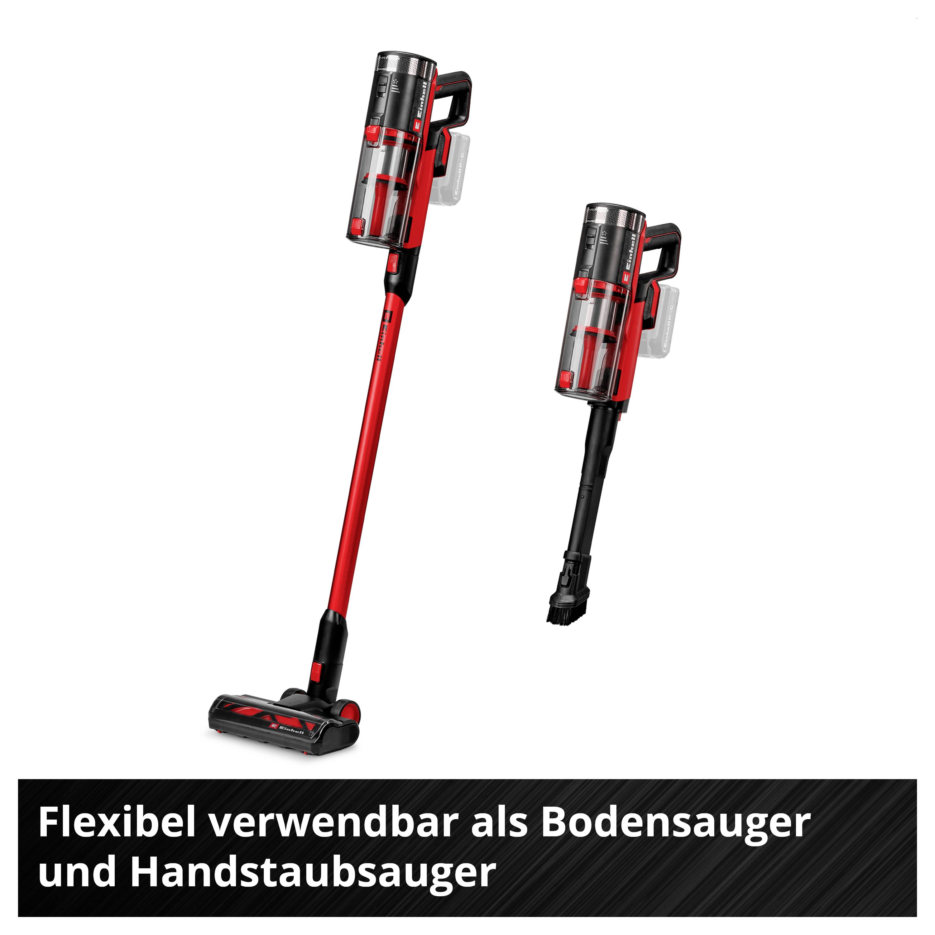 Werbebild eines roten 2-in-1-Staubsaugers: links als Bodensauger, rechts als Handstaubsauger, mit Text 'Flexibel verwendbar als Bodensauger und Handstaubsauger'.