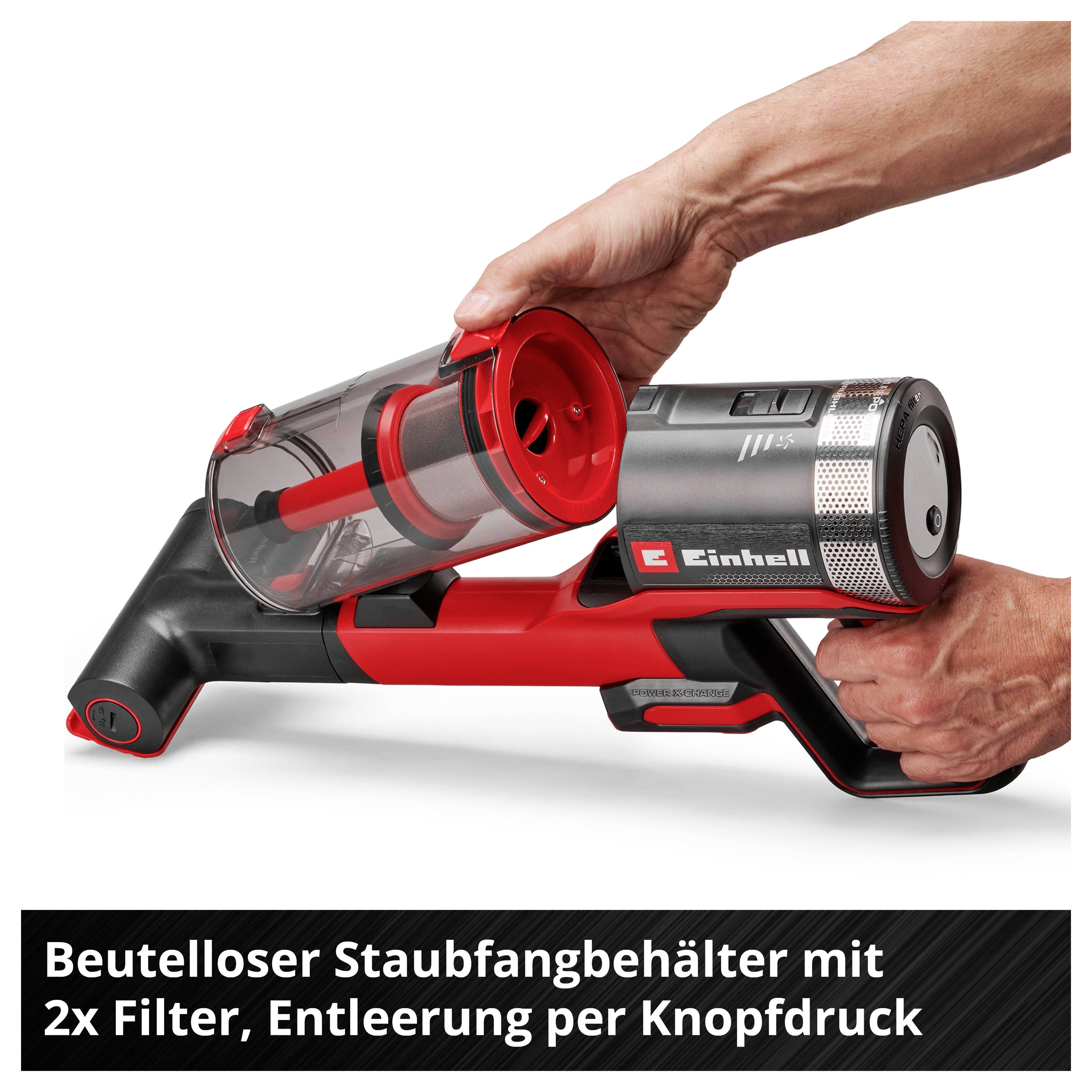 Hand hält einen kabellosen Einhell-Staubsauger mit beutellosem Staubfangbehälter; unten steht: 'Beutelloser Staubfangbehälter mit 2x Filter, Entleerung per Knopfdruck'.