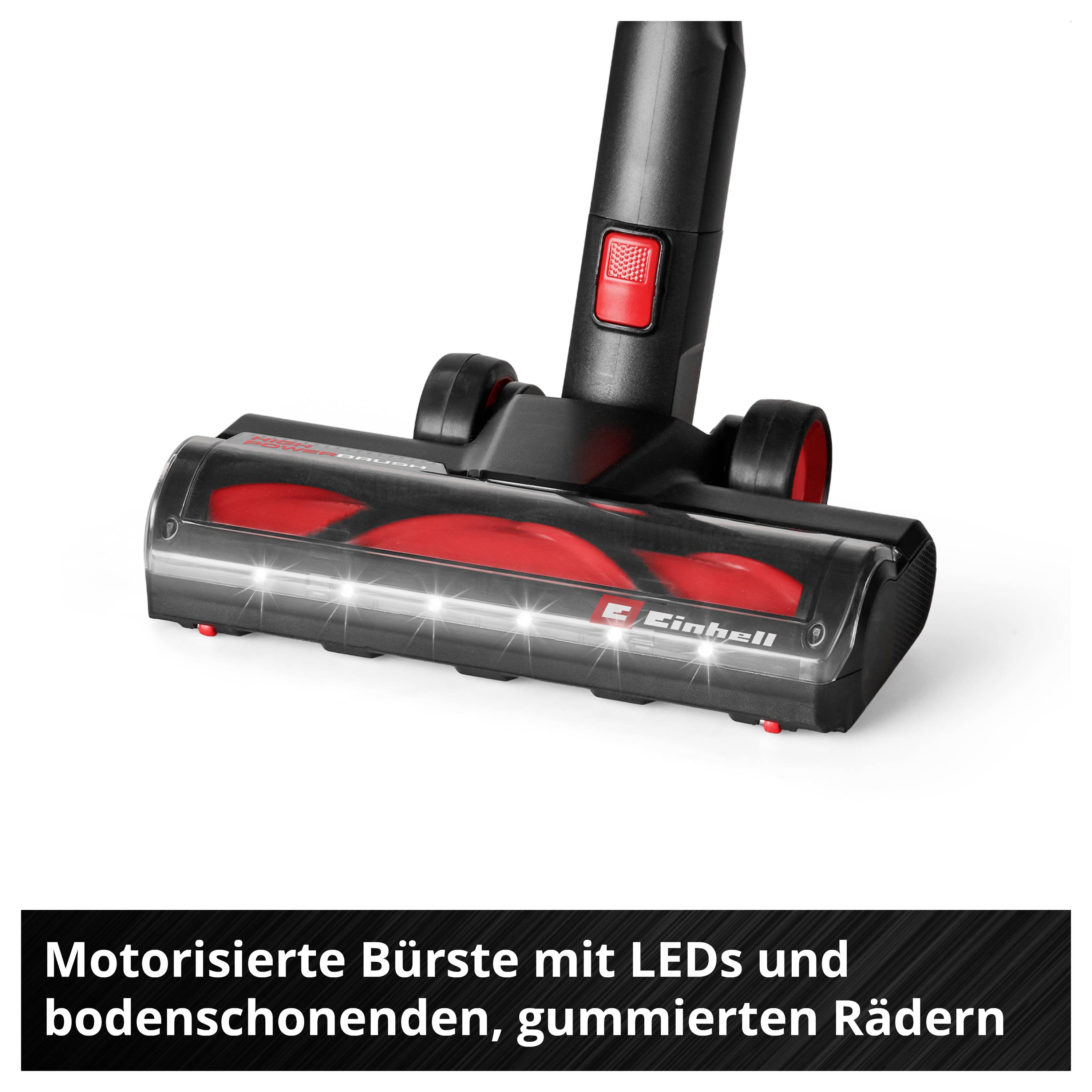 Motorisierte Staubsaugerbürste mit LEDs und gummierten Rädern; unten steht: 'Motorisierte Bürste mit LEDs und bodenschonenden, gummierten Rädern'<br>