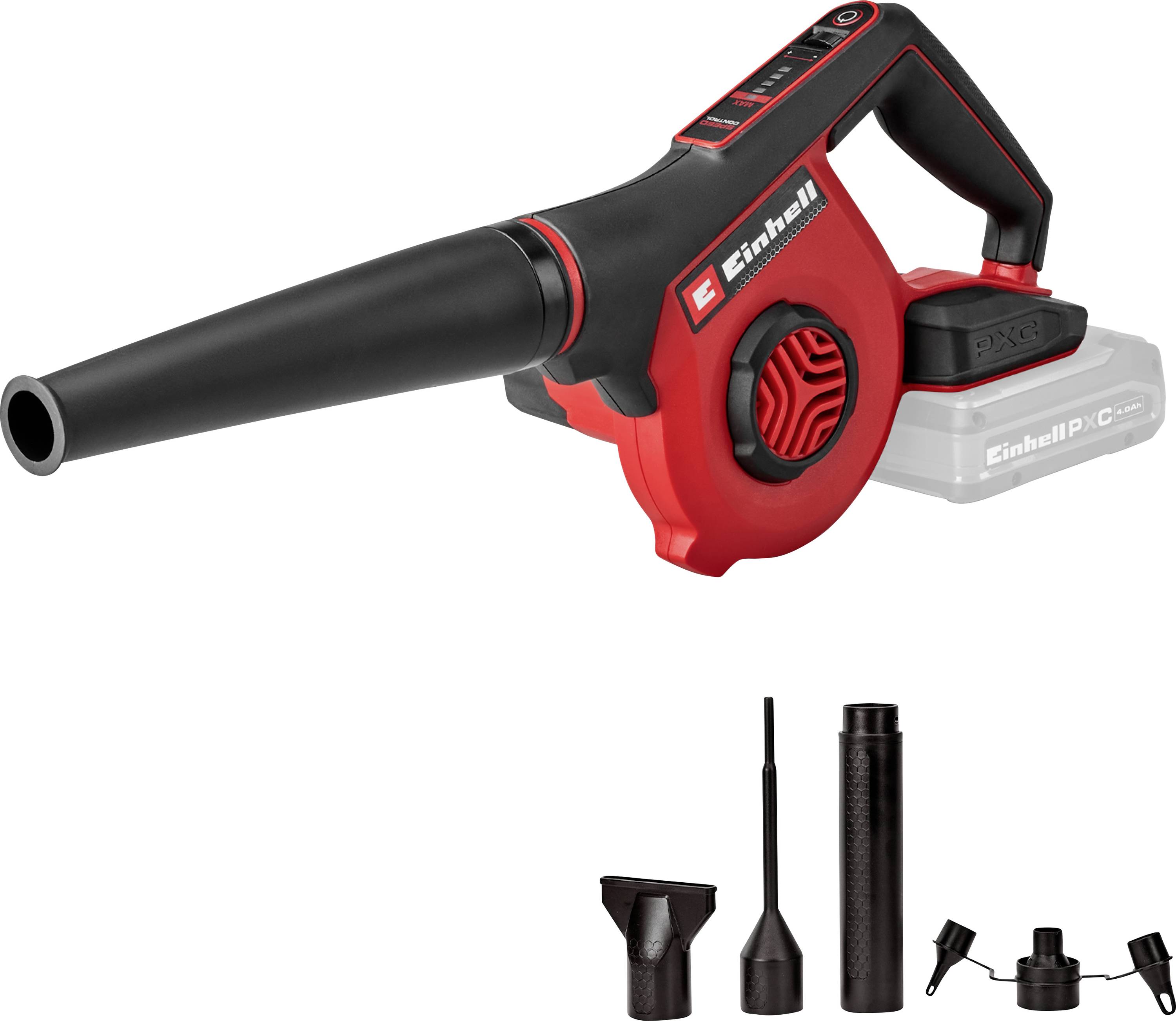 Rot-schwarzer kabelloses Laubgebläse mit Batteriepack und mitgelieferten Düsenaufsätzen auf weißem Hintergrund angezeigt.
