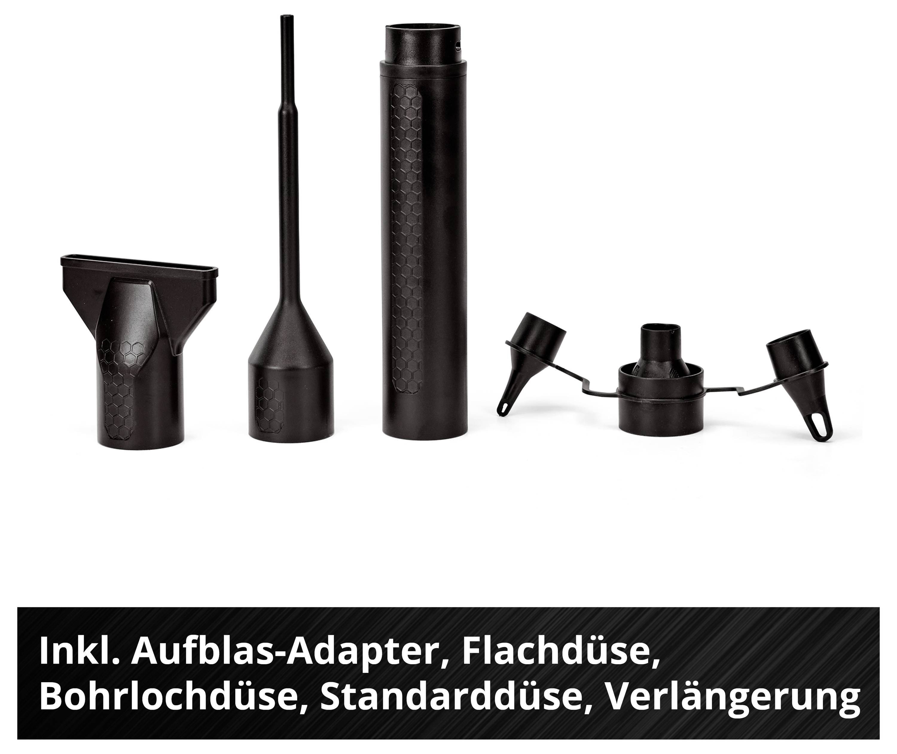 Schwarzes Düsenset mit vier Aufsätzen und Verlängerung; darunter der Text 'Inkl. Aufblas-Adapter, Flachdüse, Bohrlochdüse, Standarddüse, Verlängerung'.