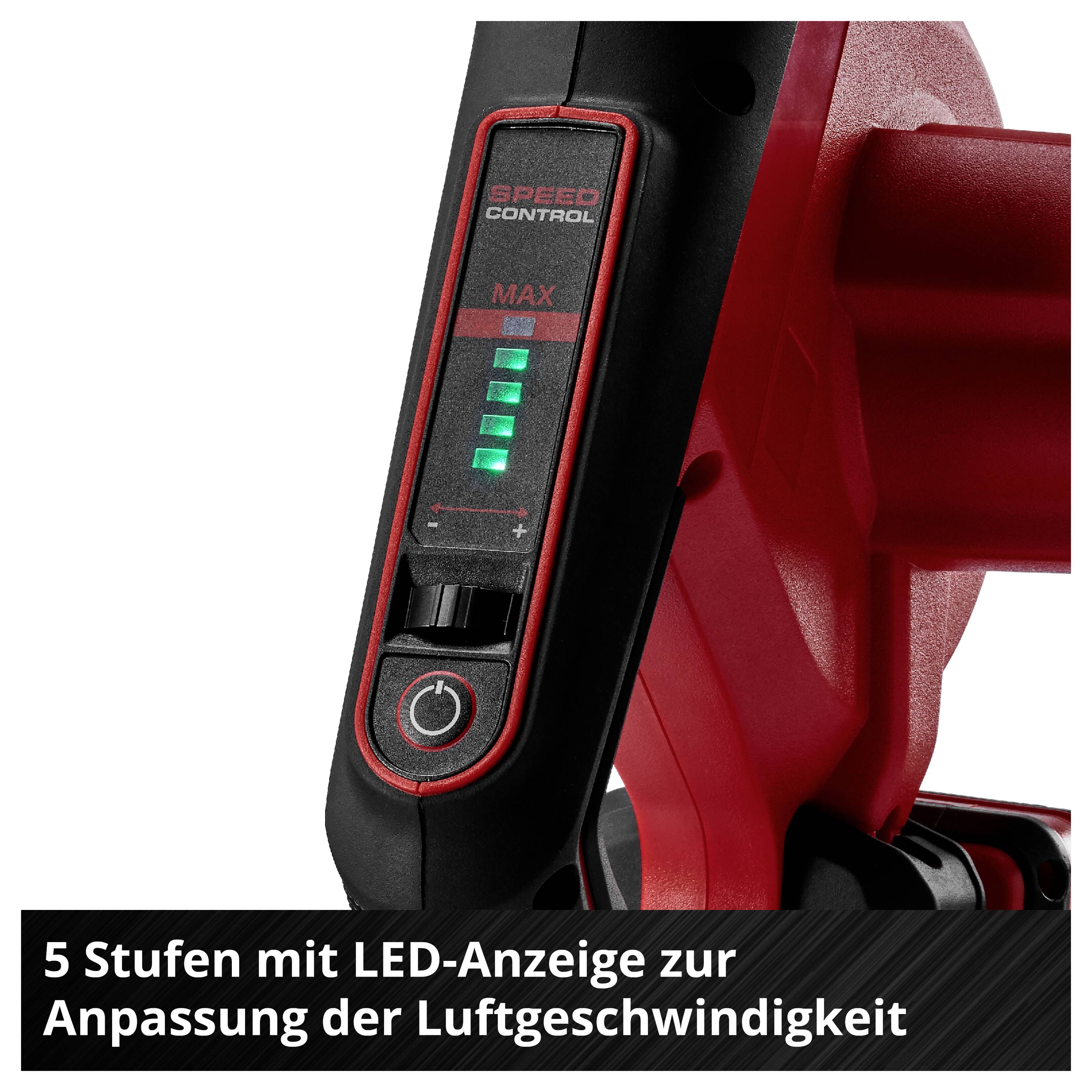 Nahaufnahme eines roten und schwarzen Geräts mit LED-Anzeige und Regler; eingeblendeter Text: '5 Stufen mit LED-Anzeige zur Anpassung der Luftgeschwindigkeit'.