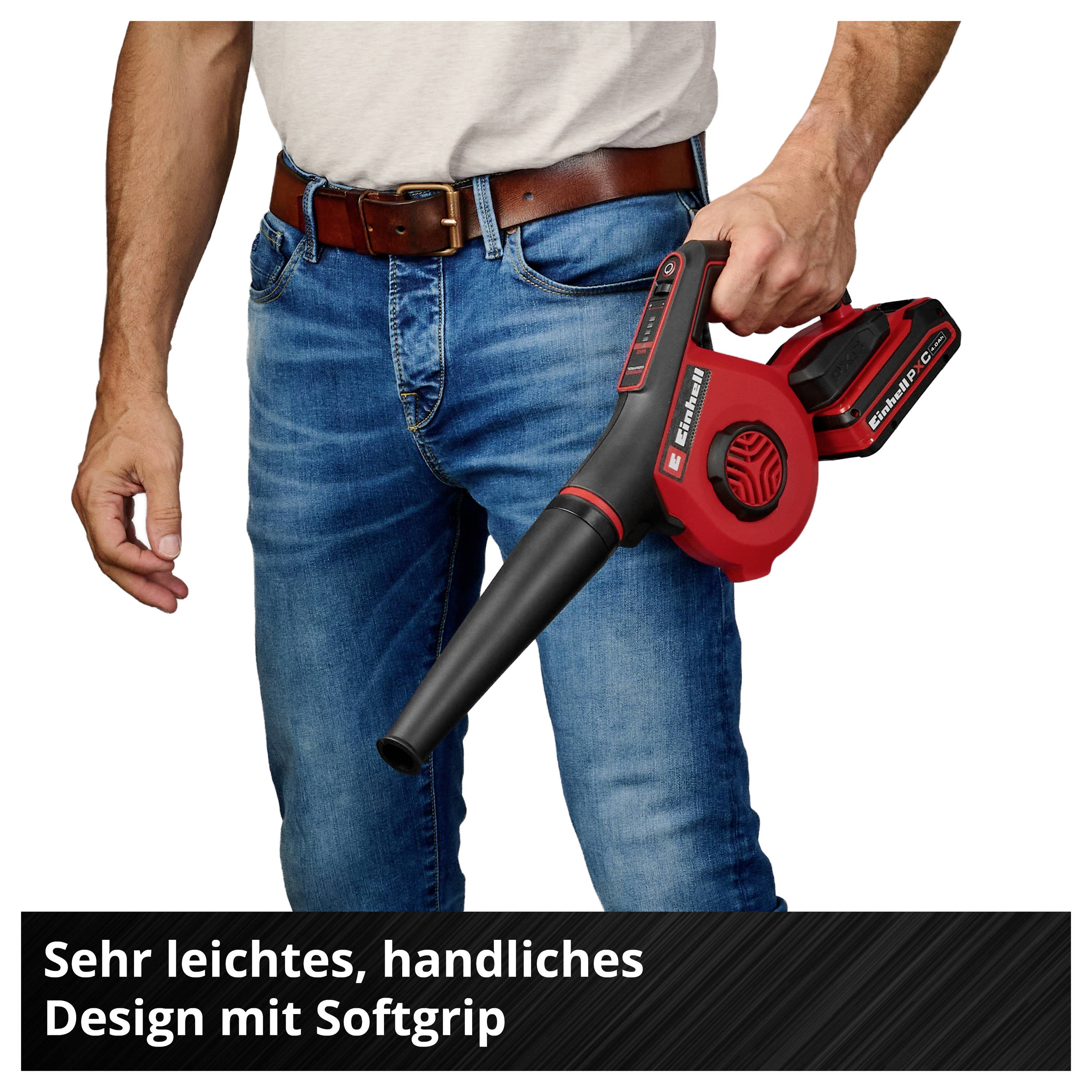 Mann hält einen roten Laubbläser; darunter steht: 'Sehr leichtes, handliches Design mit Softgrip'.
