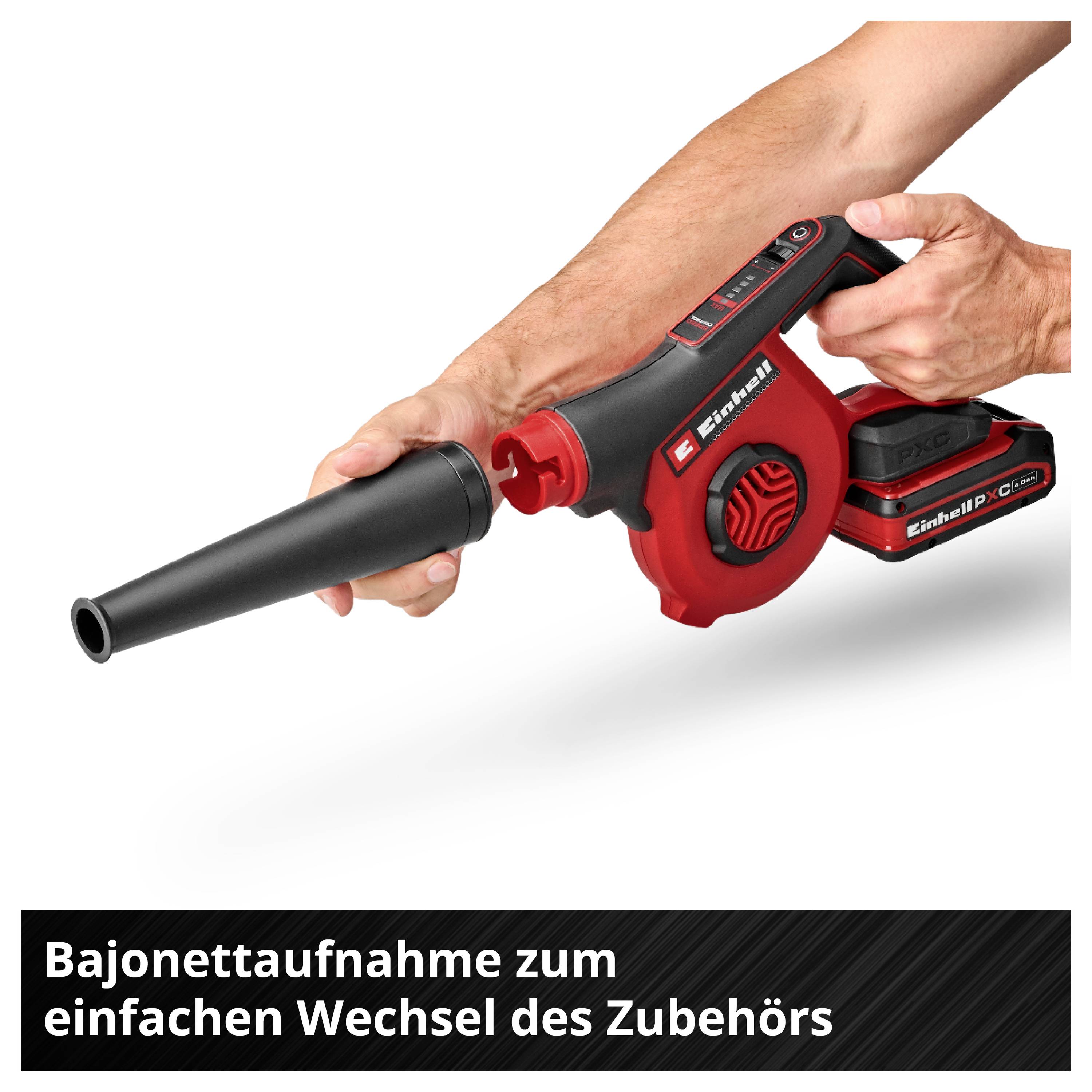 Rote Akku-Luftpumpe mit langem Düsenaufsatz; darunter der Text 'Bajonettaufnahme zum einfachen Wechsel des Zubehörs'.<br>