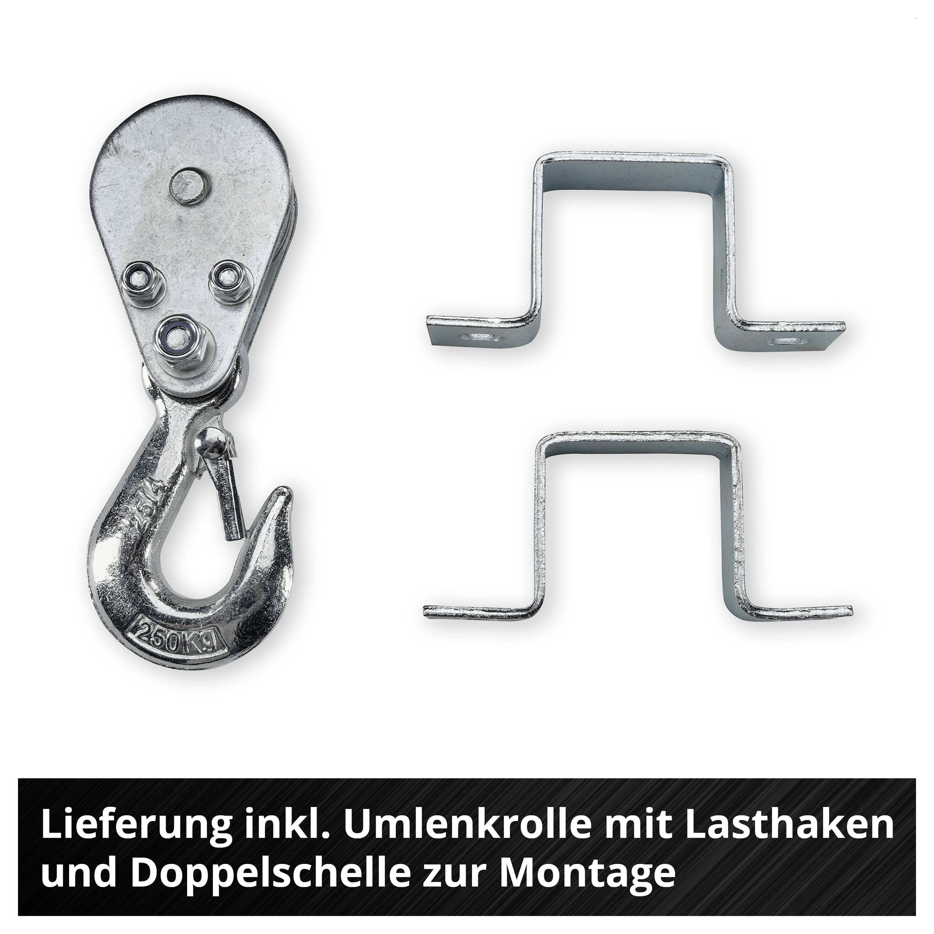 Metall-Lieferumfang mit Umlenkrolle samt Lasthaken und zwei Montage-Doppelschellen; unten steht 'Lieferung inkl. Umlenkrolle mit Lasthaken und Doppelschelle zur Montage'.