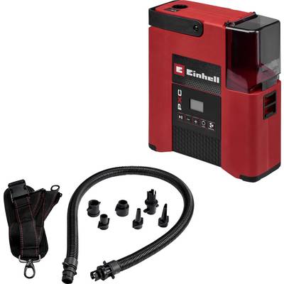 Roter tragbarer Einhell PXC-Luftkompressor mit Schlauch, Düsen und Aufbewahrungstasche auf weißem Hintergrund.