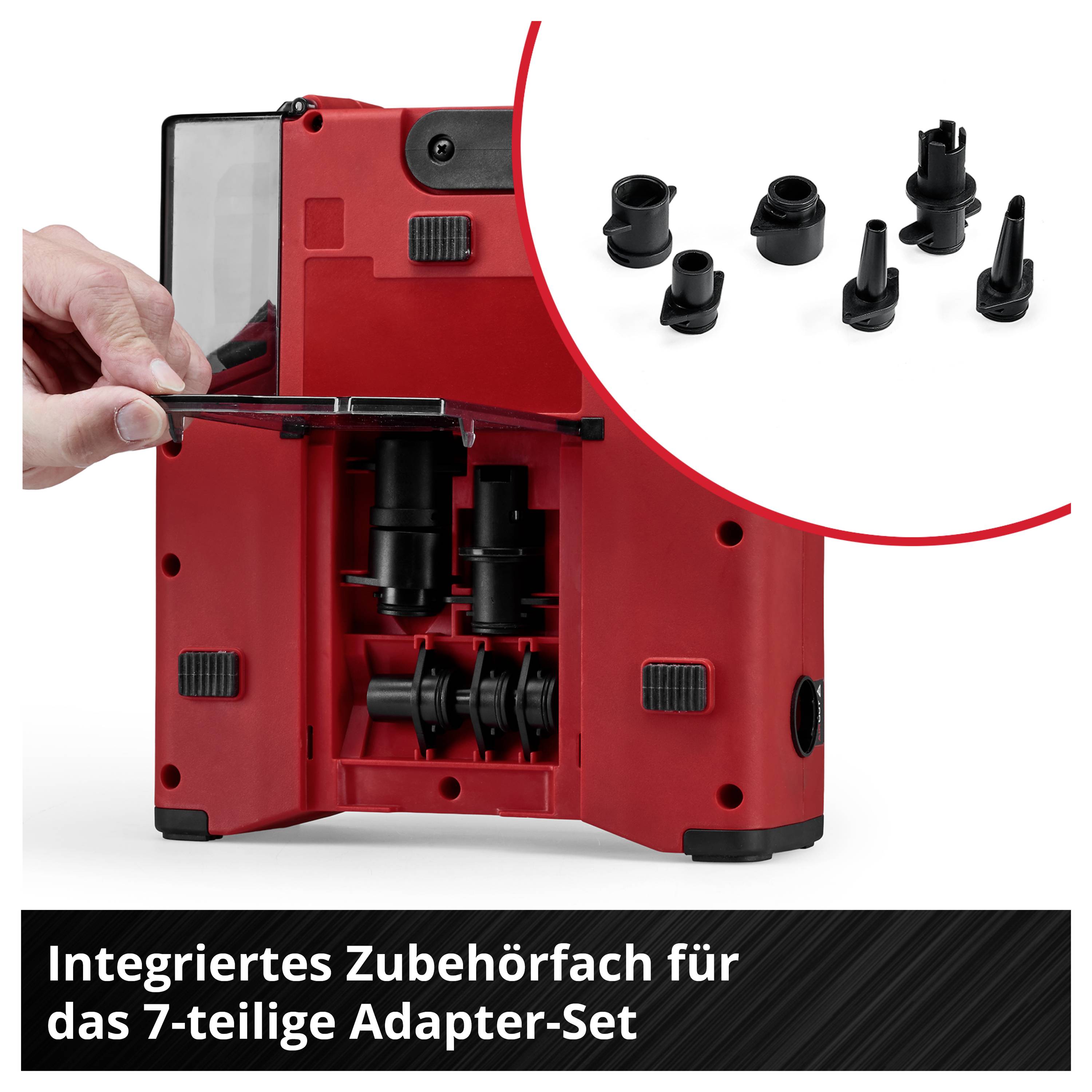 Rotes Gerät mit integriertem Zubehörfach; Hand entnimmt Adapterteile. Einblendung zeigt 7-teiliges Adapter-Set, Beschriftung: 'Integriertes Zubehörfach für das 7-teilige Adapter-Set'.