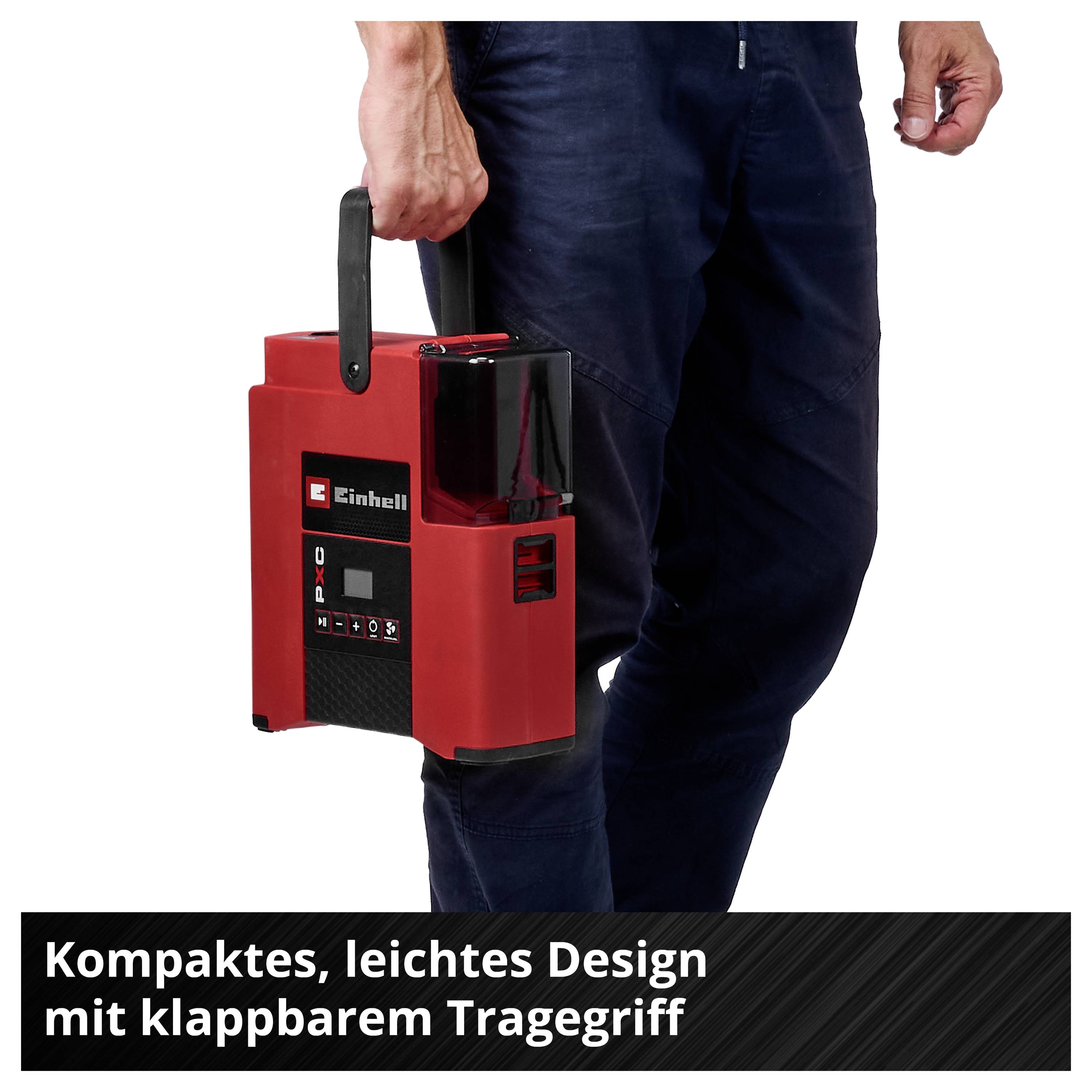 Person trägt ein kompaktes rotes Einhell-Gerät am klappbaren Tragegriff; unten steht 'Kompaktes, leichtes Design mit klappbarem Tragegriff'.