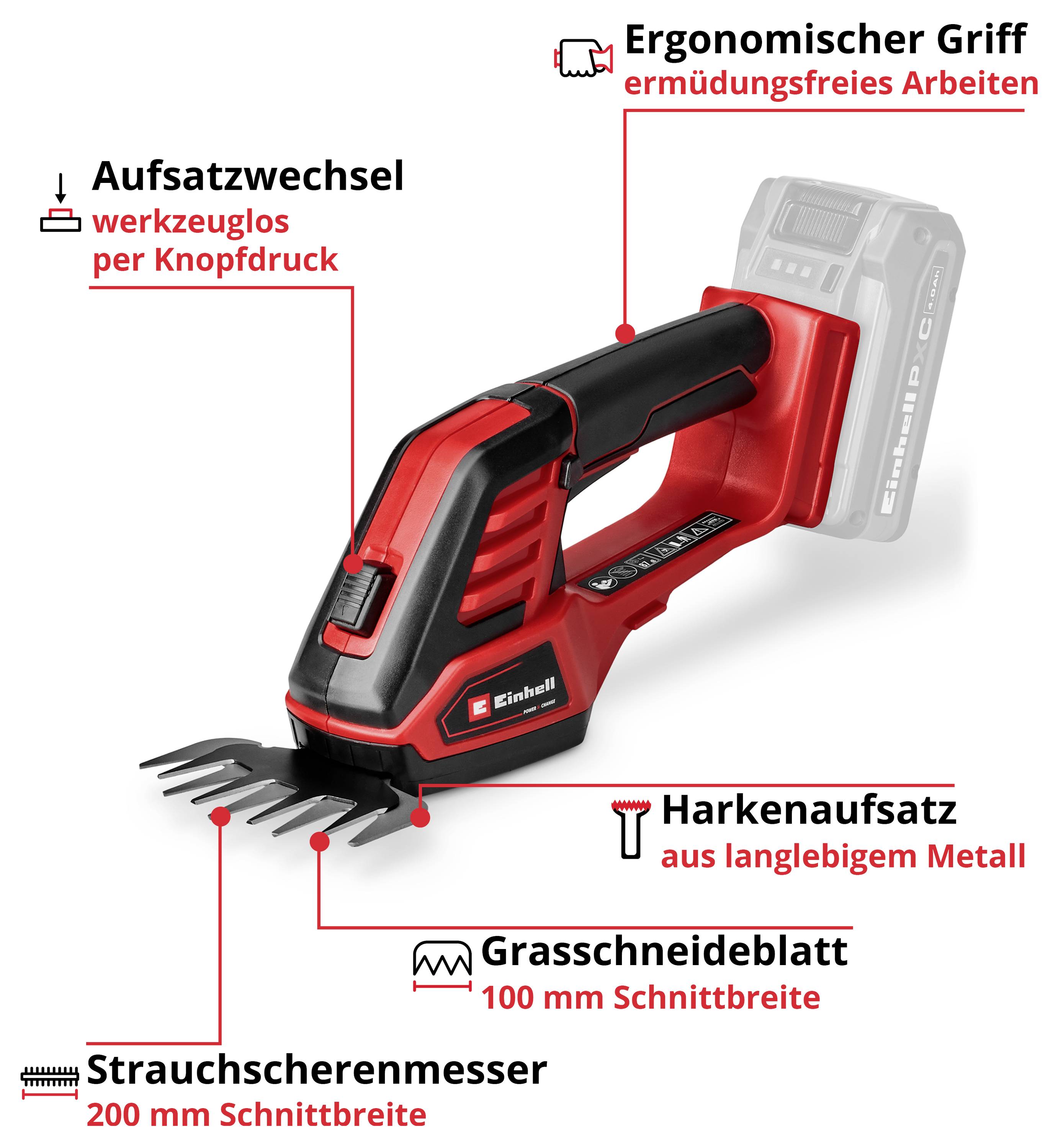 Akkuraschere mit Beschriftungen: ergonomischer Griff, werkzeugloser Aufsatzwechsel per Knopfdruck, Harkenaufsatz aus Metall, Grasschneideblatt 100 mm und Strauchscherenmesser 200 mm Schnittbreite.